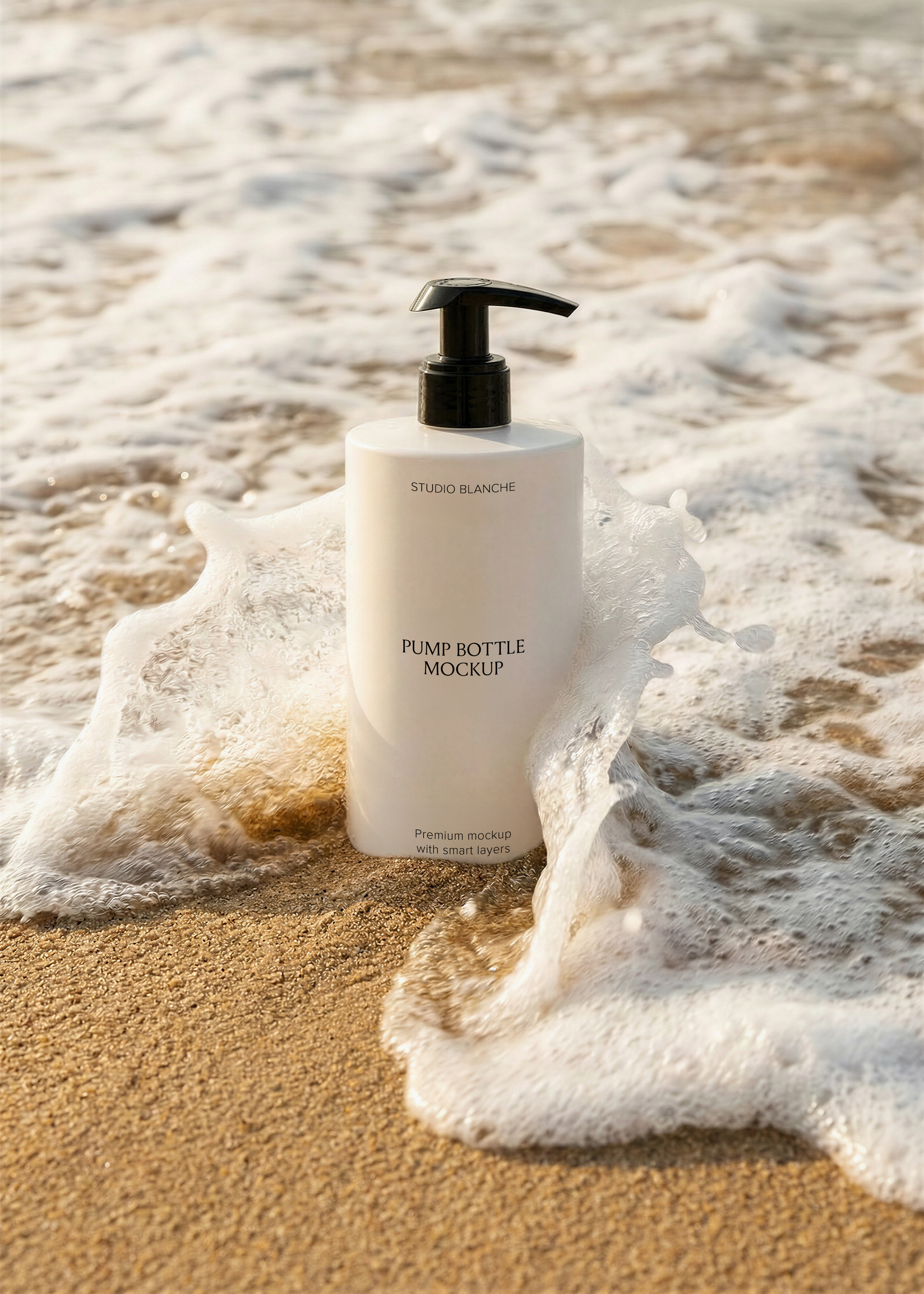 Blank white pump bottle with black dispenser standing in shallow foamy ocean waves on a sun-lit sandy beach, from Studio Blanche