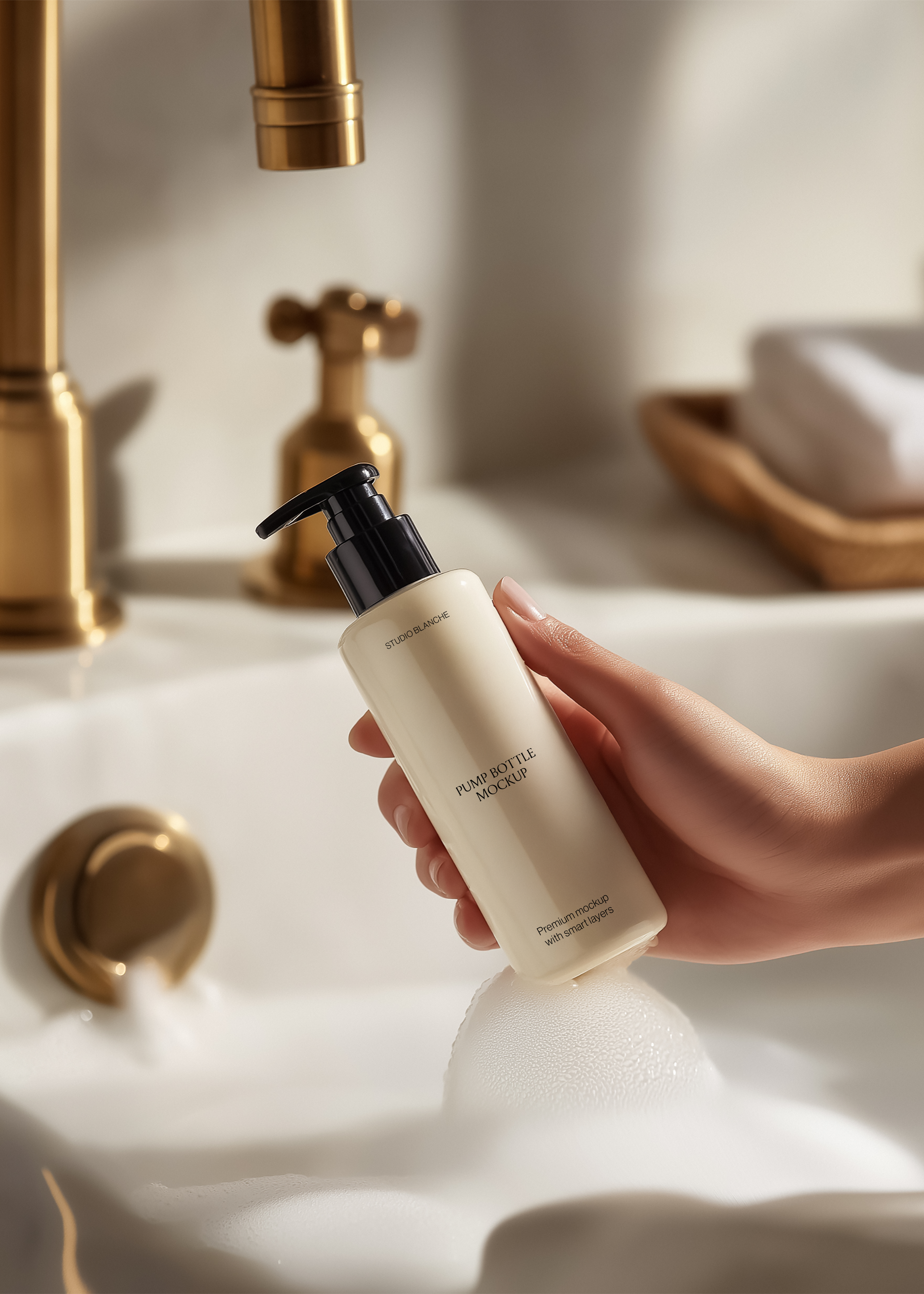Off-white pump bottle mockup held at a basin with brass fixtures and warm light, minimal editorial bathroom scene