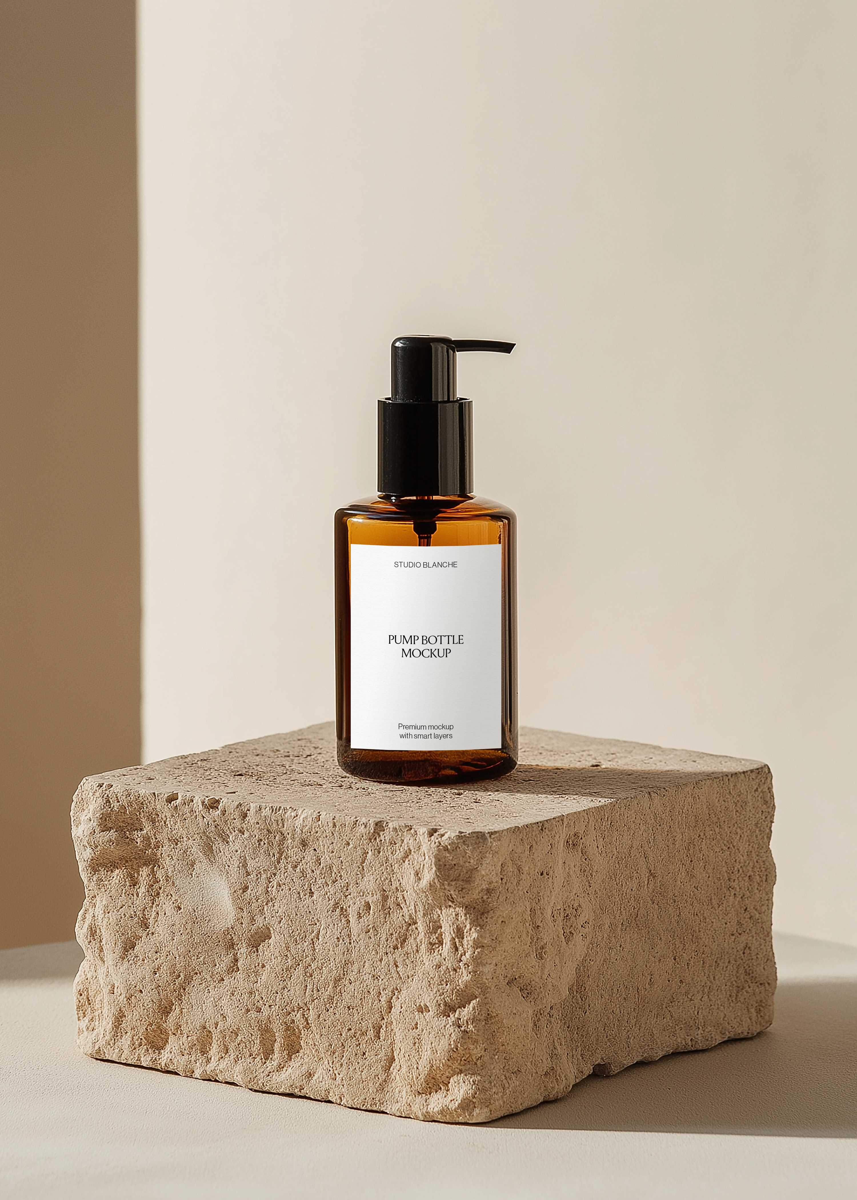 Amber pump bottle mockup on textured travertine plinth against two-tone plaster wall, warm minimal editorial scene