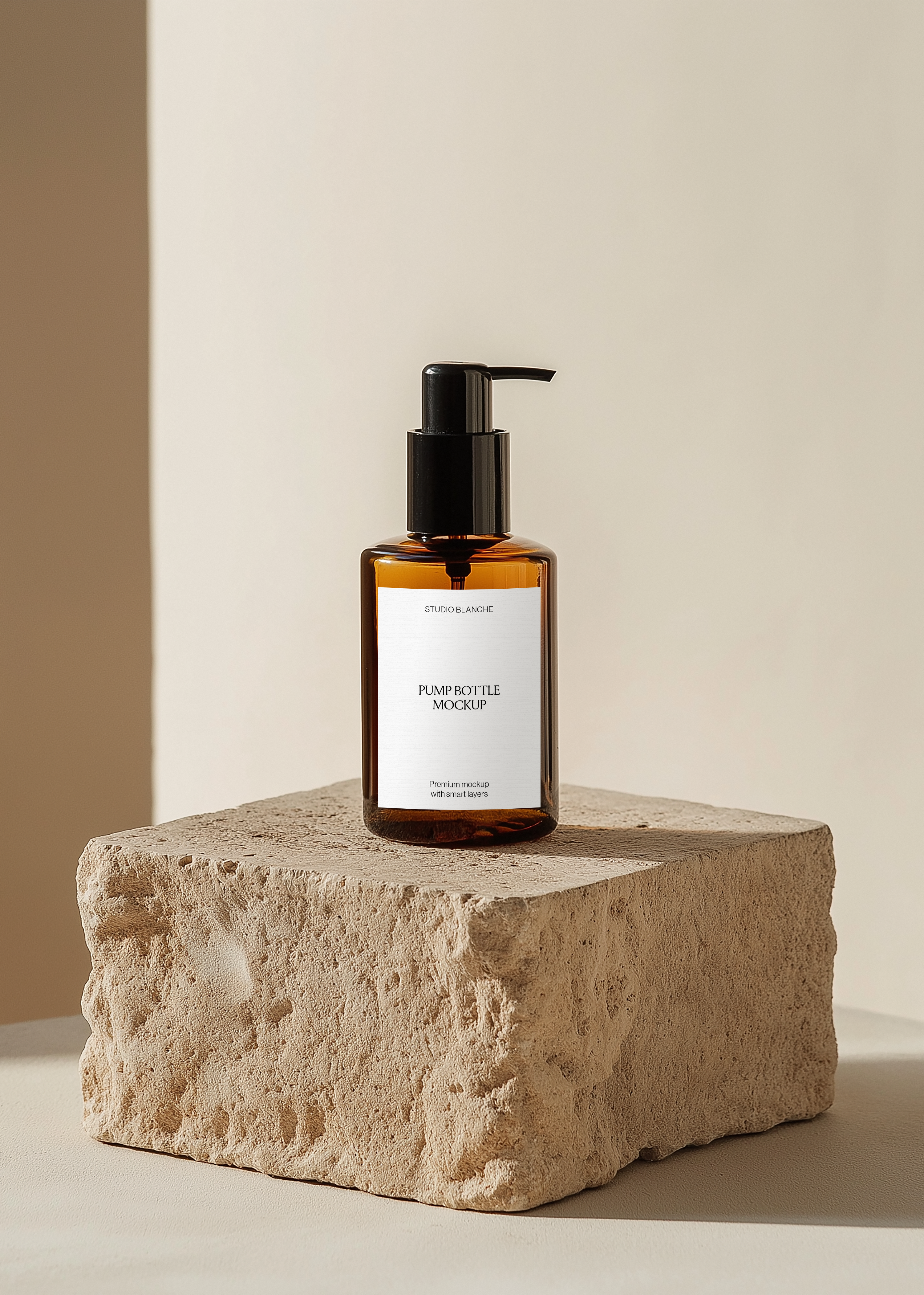 Amber pump bottle mockup on textured travertine plinth against two-tone plaster wall, warm minimal editorial scene