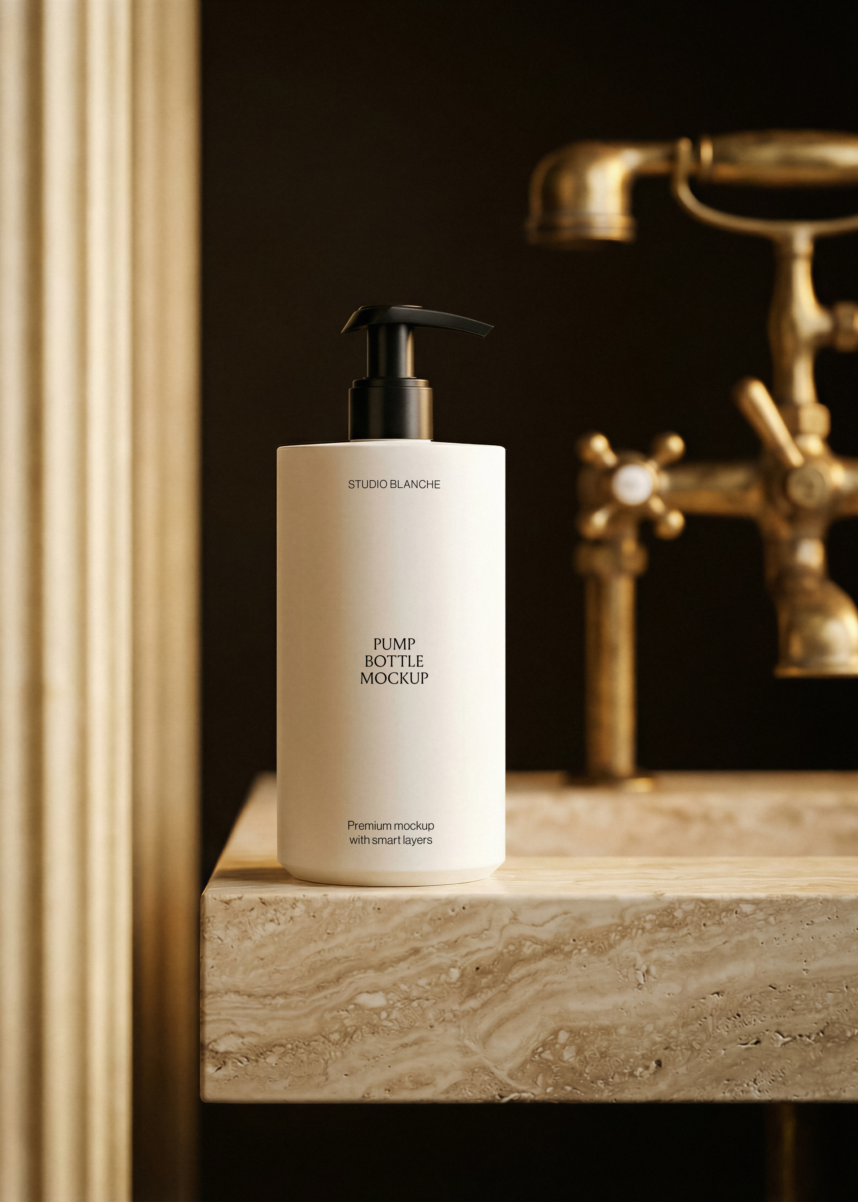 Large pump bottle mockup on stone bath edge with gilded fixture behind, deep warm shadow and fluted column, moody scene