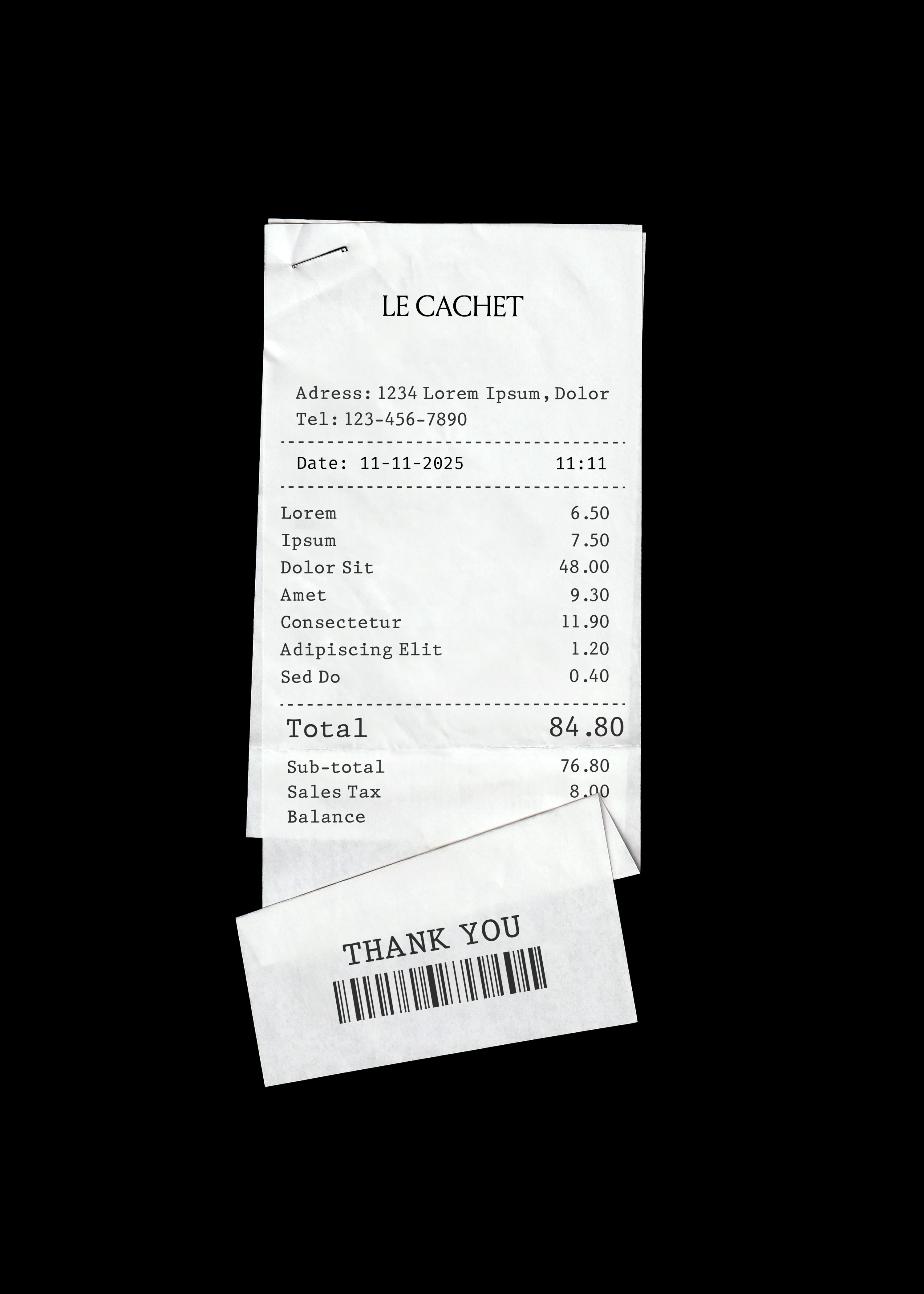 Stapled white receipt mockup on black with printed line items, totals, and a barcode slip angled below