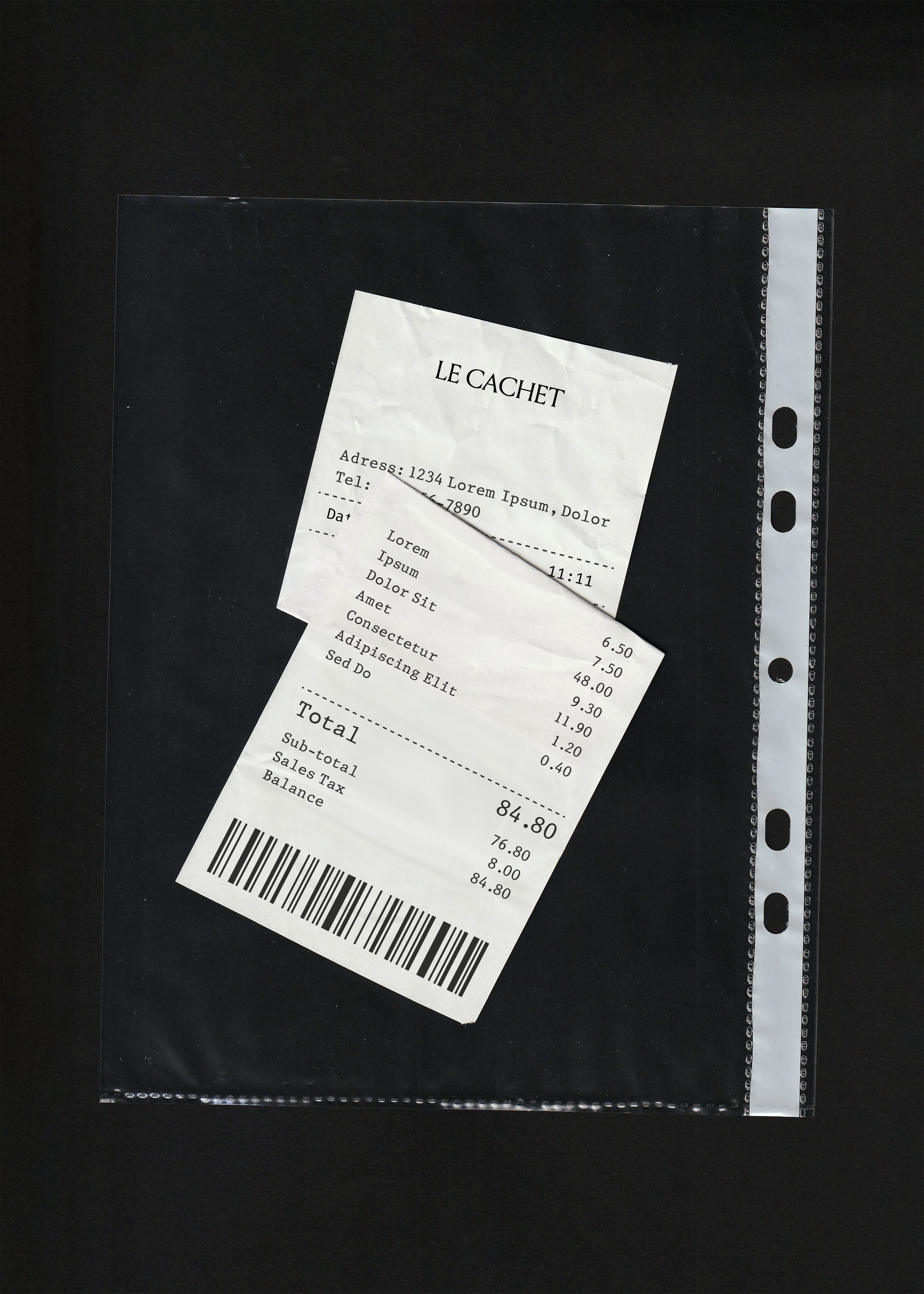 Torn white receipt mockup inside a clear punched document sleeve, scanned flat on black background