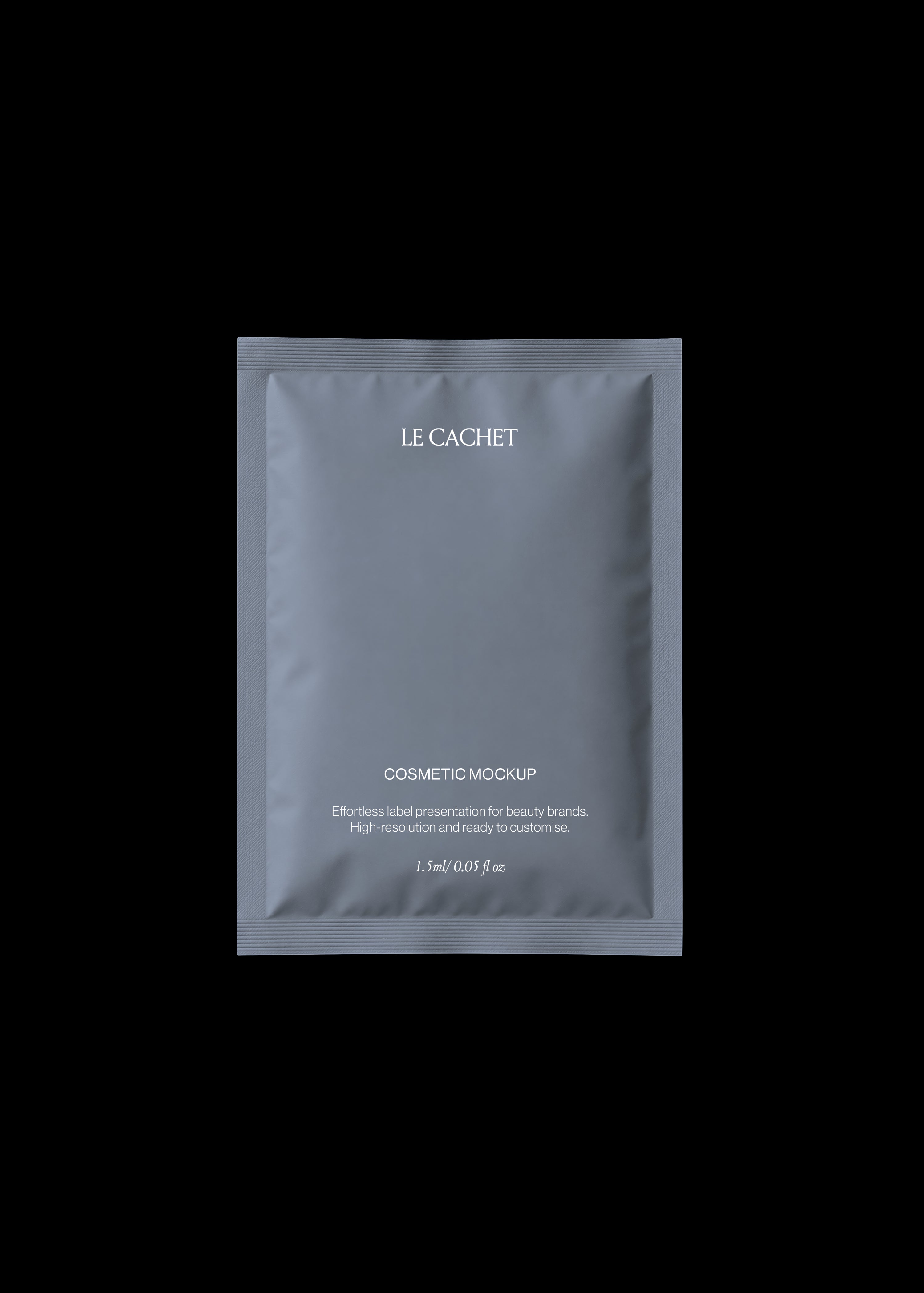Matte blue cosmetic sachet mockup flat lay on black background, centred label space, minimal editorial styling