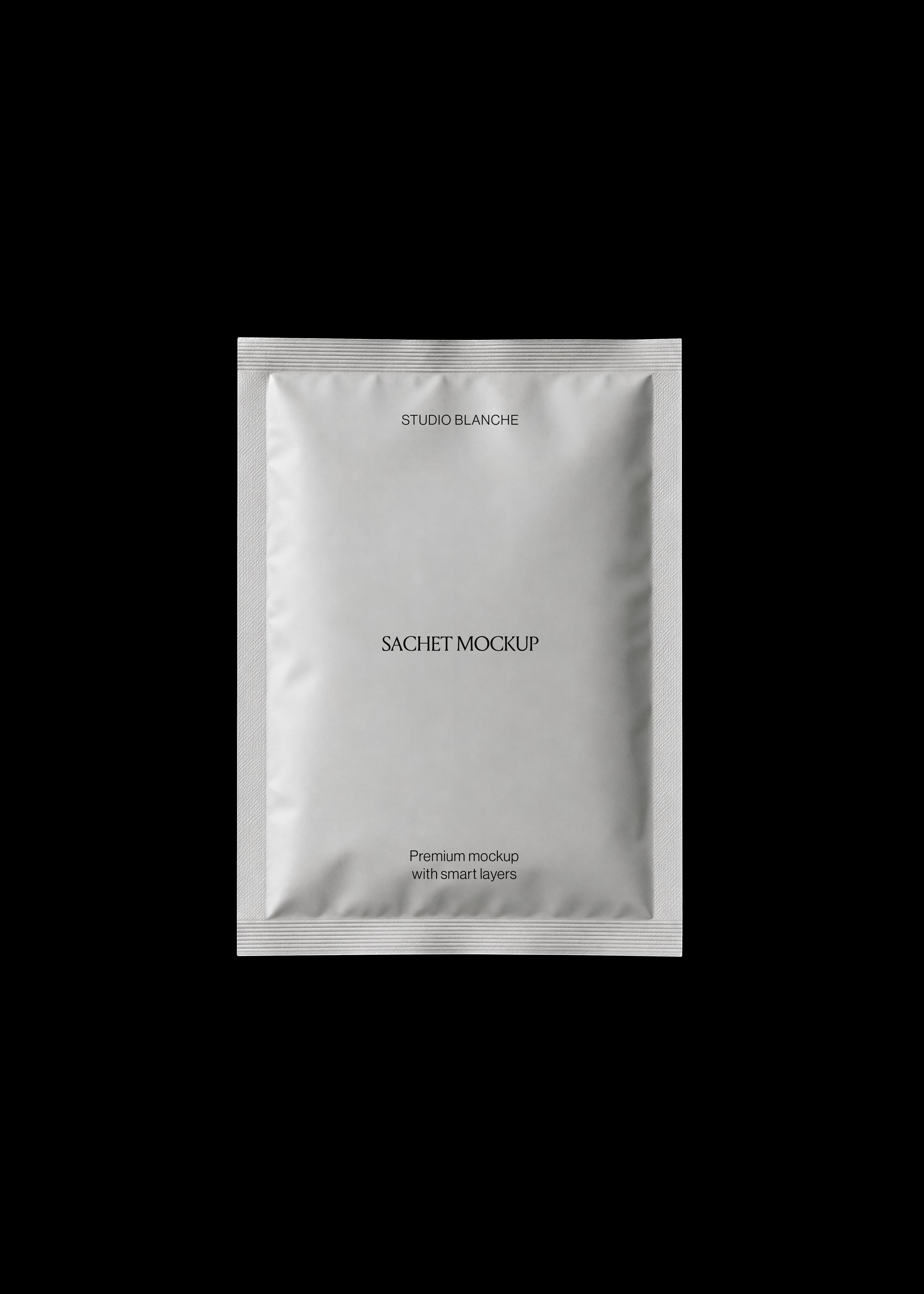 Light grey sachet mockup flat lay on black background, blank label area, smart object packaging template