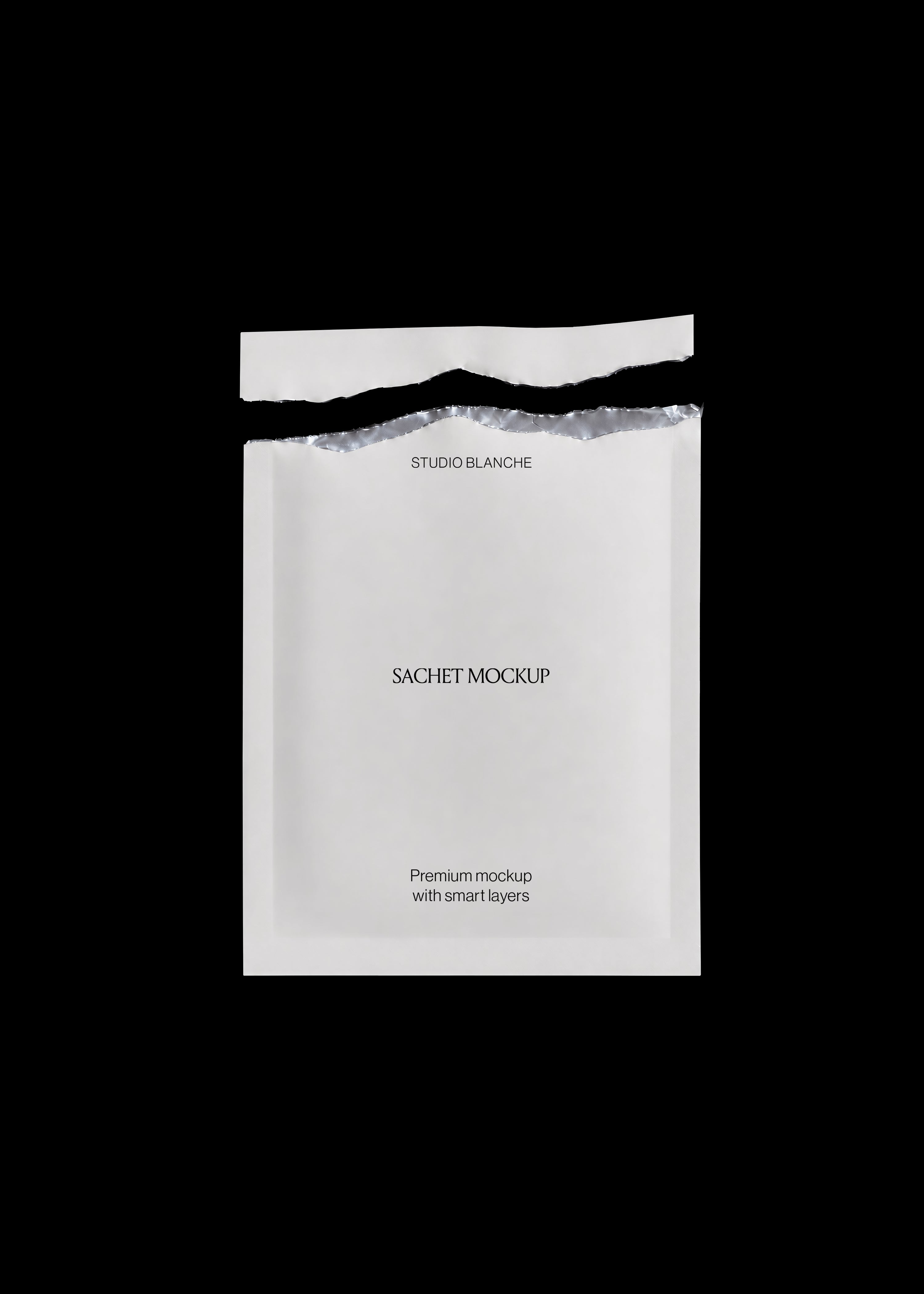 Torn white sachet mockup with exposed foil interior, blank label space, minimal packaging flat lay