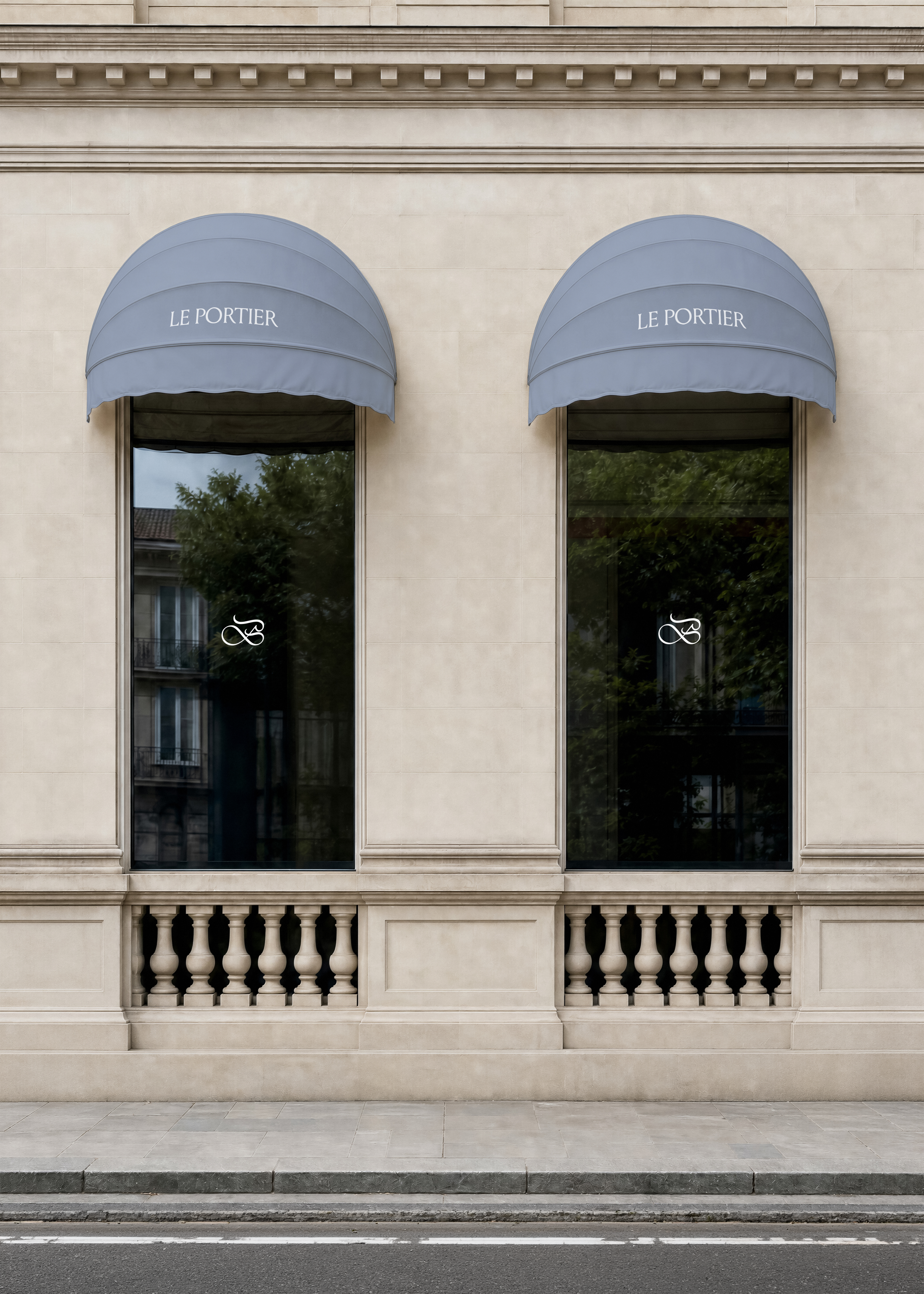 Shopfront mockup with two domed fabric awnings above tall glass windows on a pale stone Parisian facade