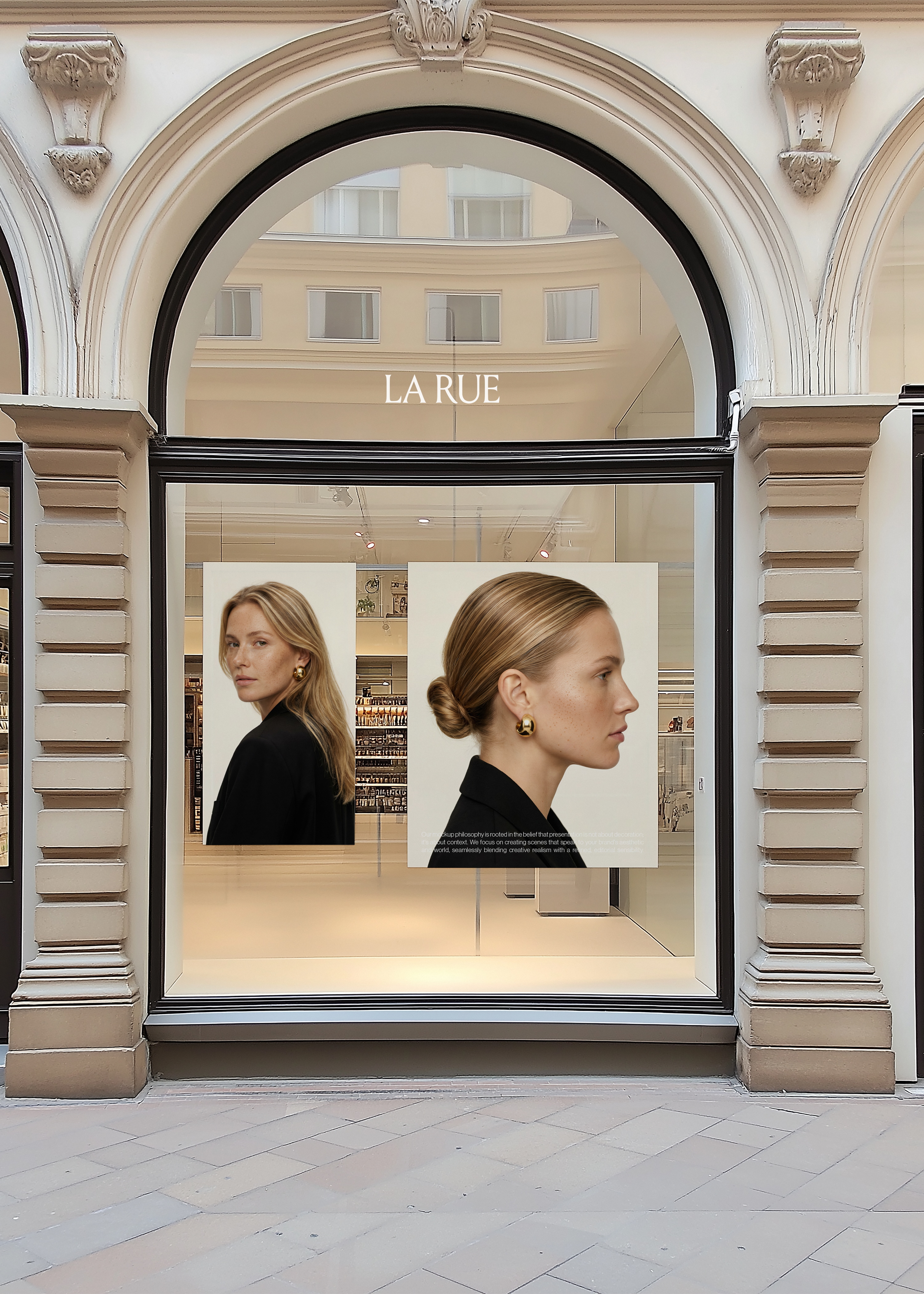 Shopfront mockup in a stone arched window displaying editorial portrait campaign artwork with LA RUE branding above