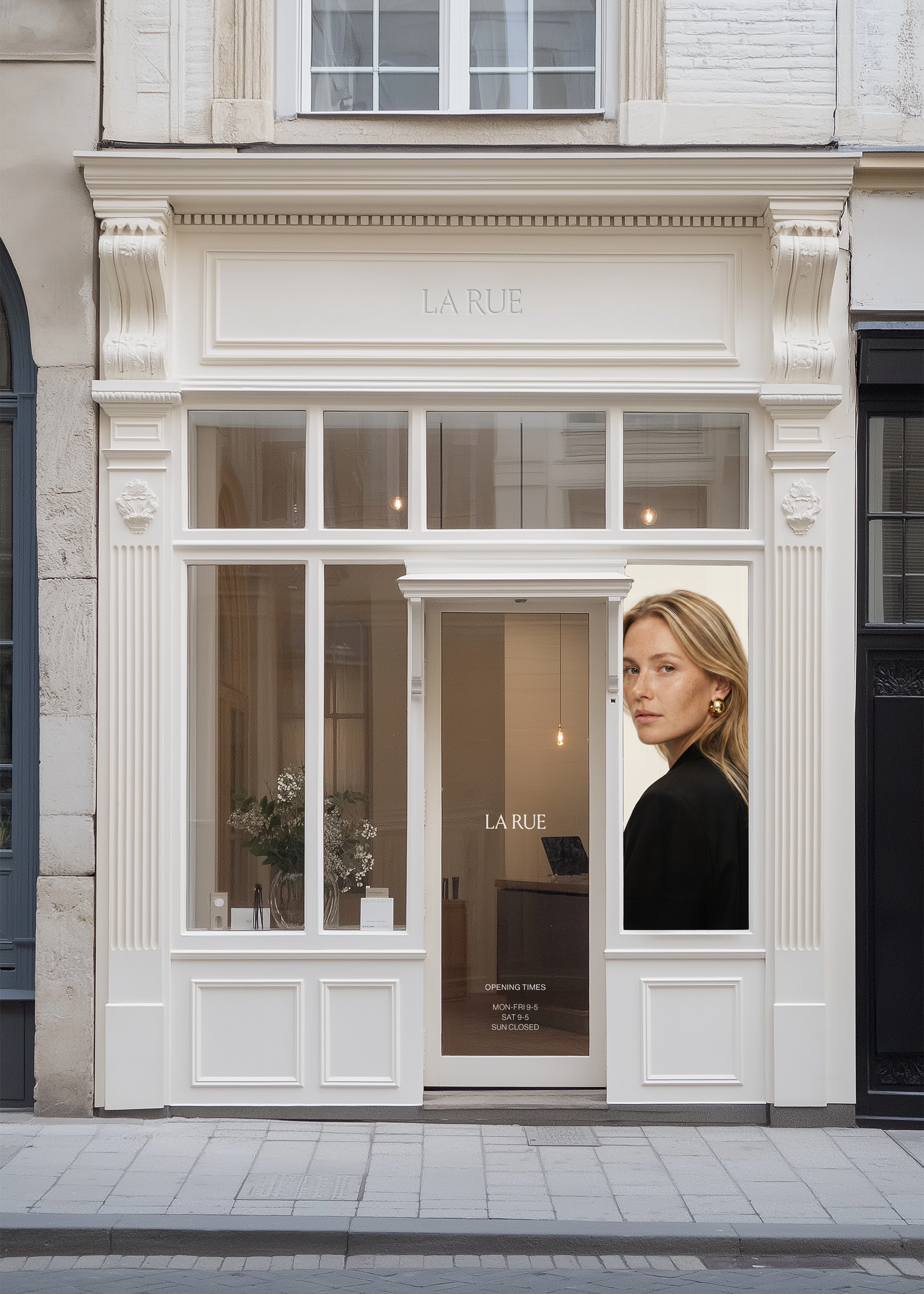 Shopfront mockup of a white painted storefront with LA RUE signage, glass door, window display and editorial door portrait