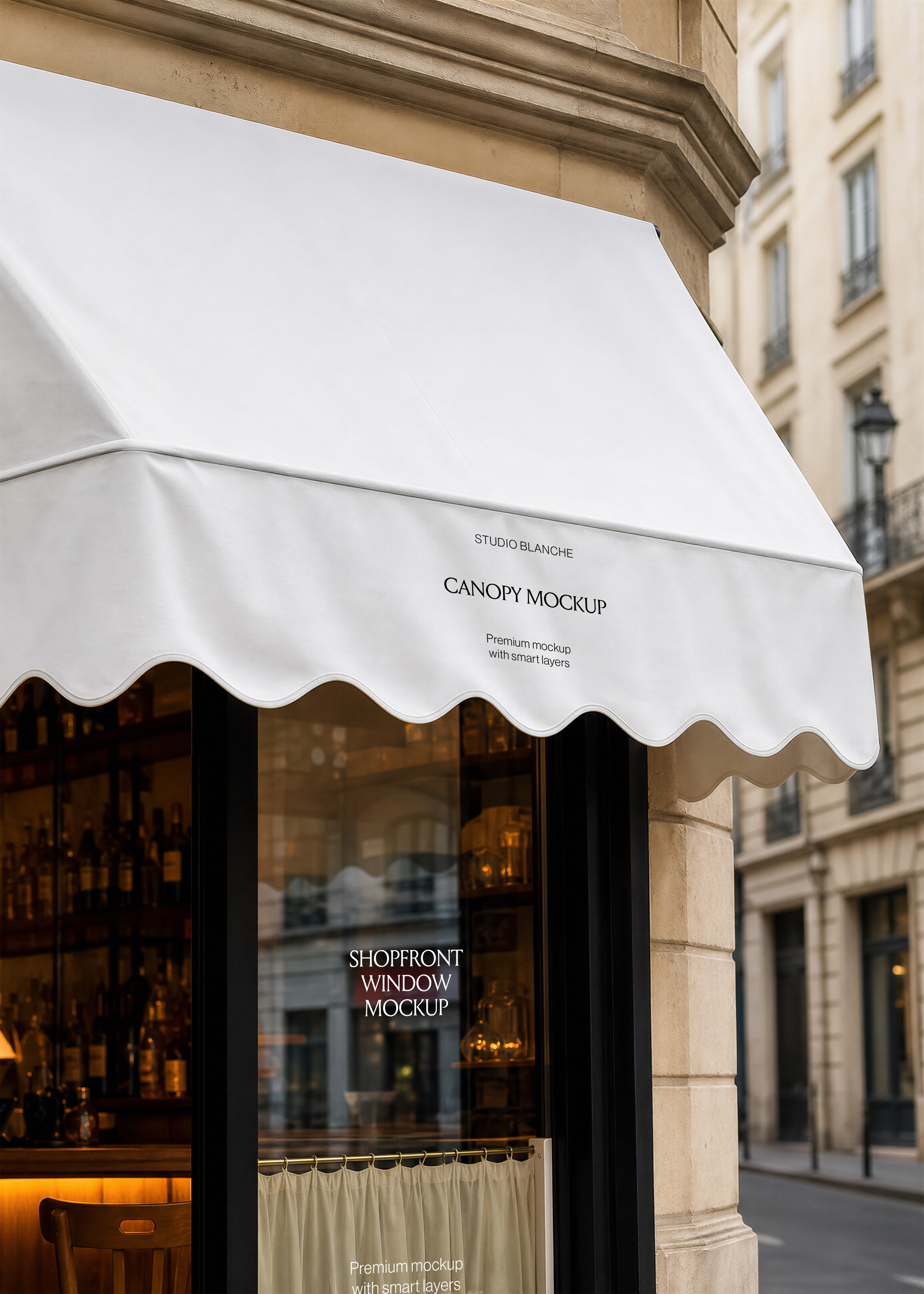 Café canopy mockup, white scalloped awning over black-framed window with bottle shelves, curtain and wooden chair inside