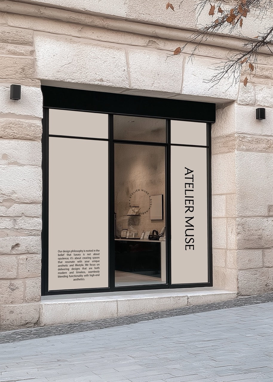 Modern storefront mockup with 'Atelier Muse' branding on a stone building.