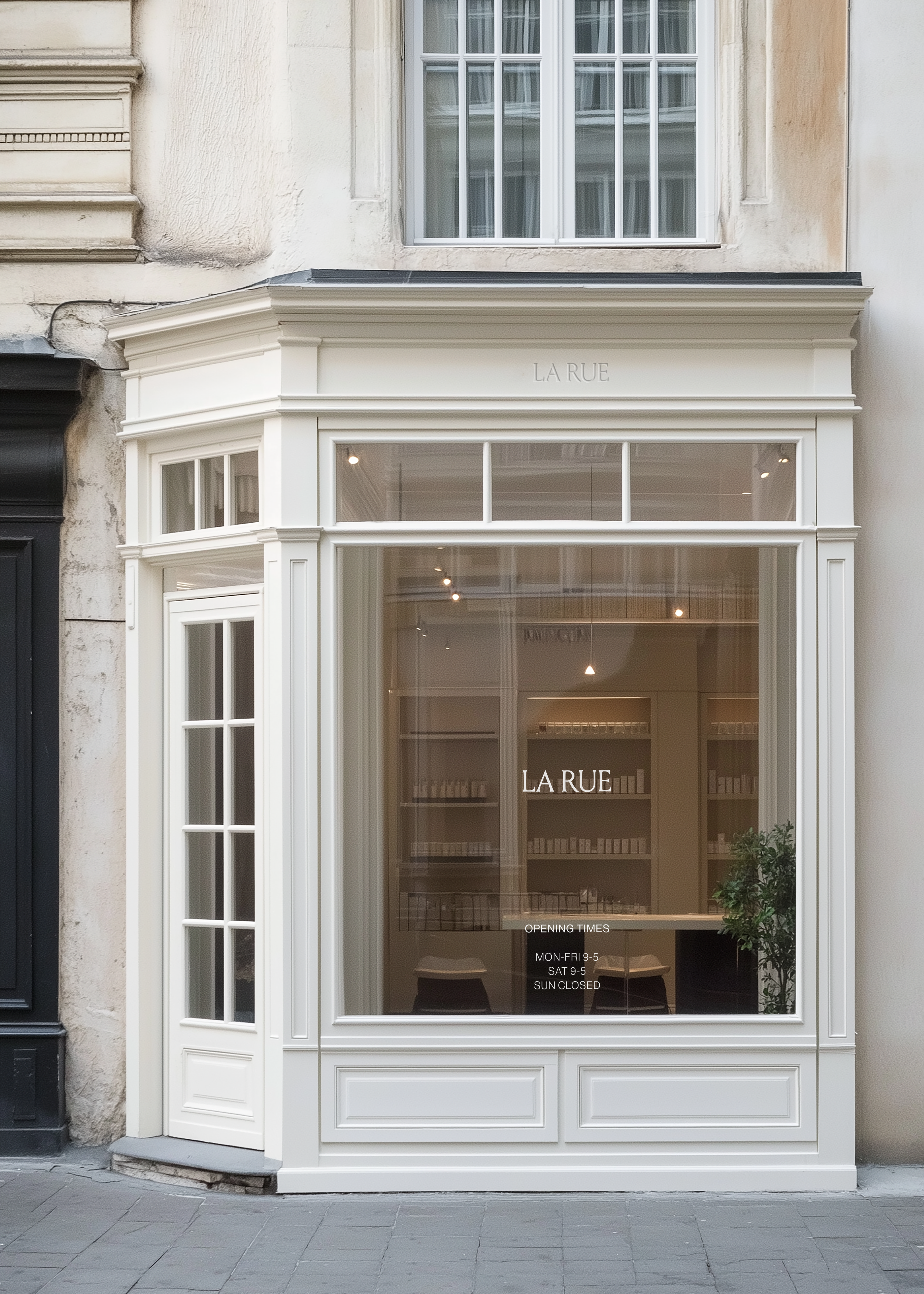 Shopfront mockup of a cream corner boutique with LA RUE signage, large display window and skincare shelving inside