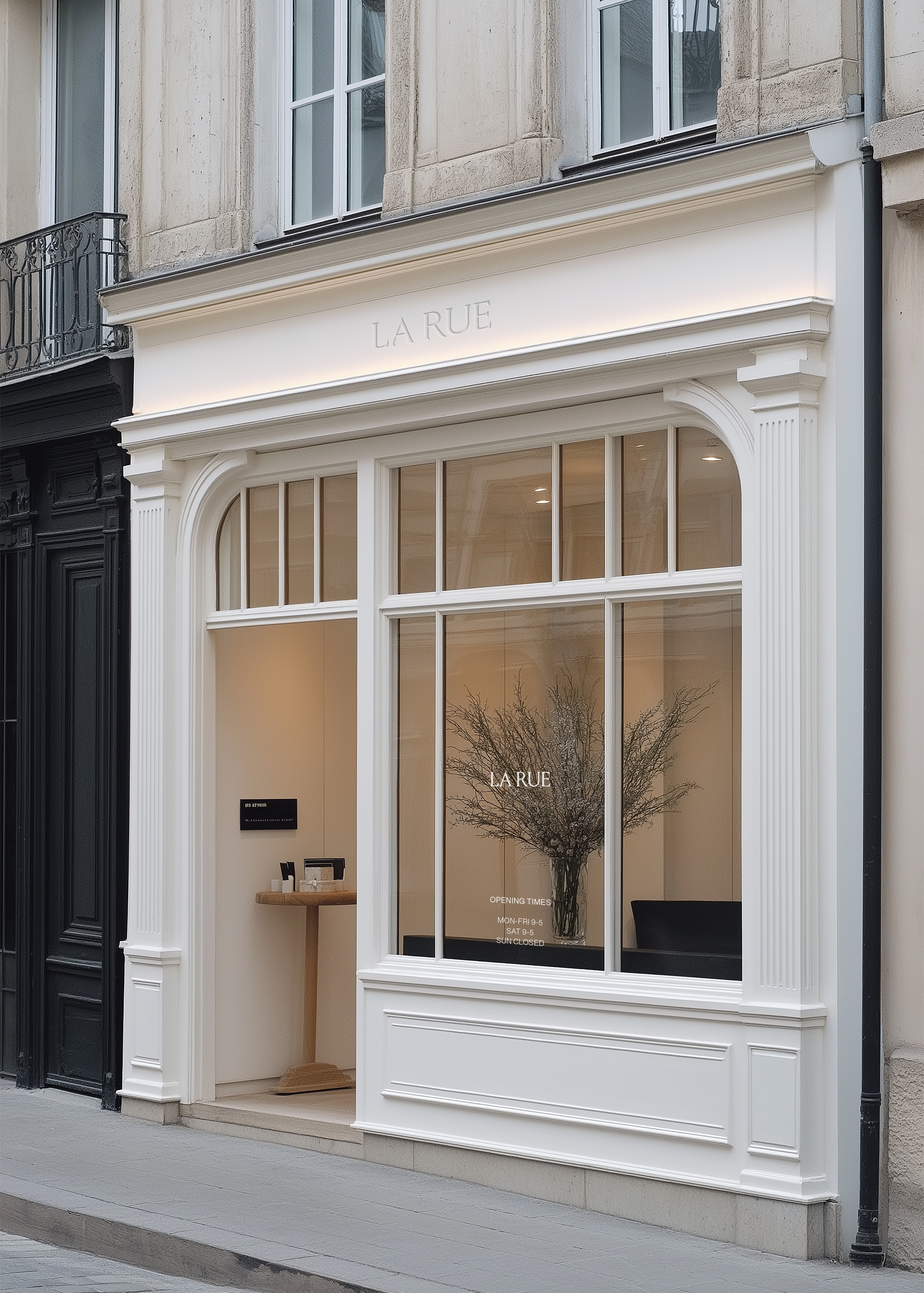 Shopfront mockup of a white painted storefront with LA RUE signage, arched window detail and lit botanical display