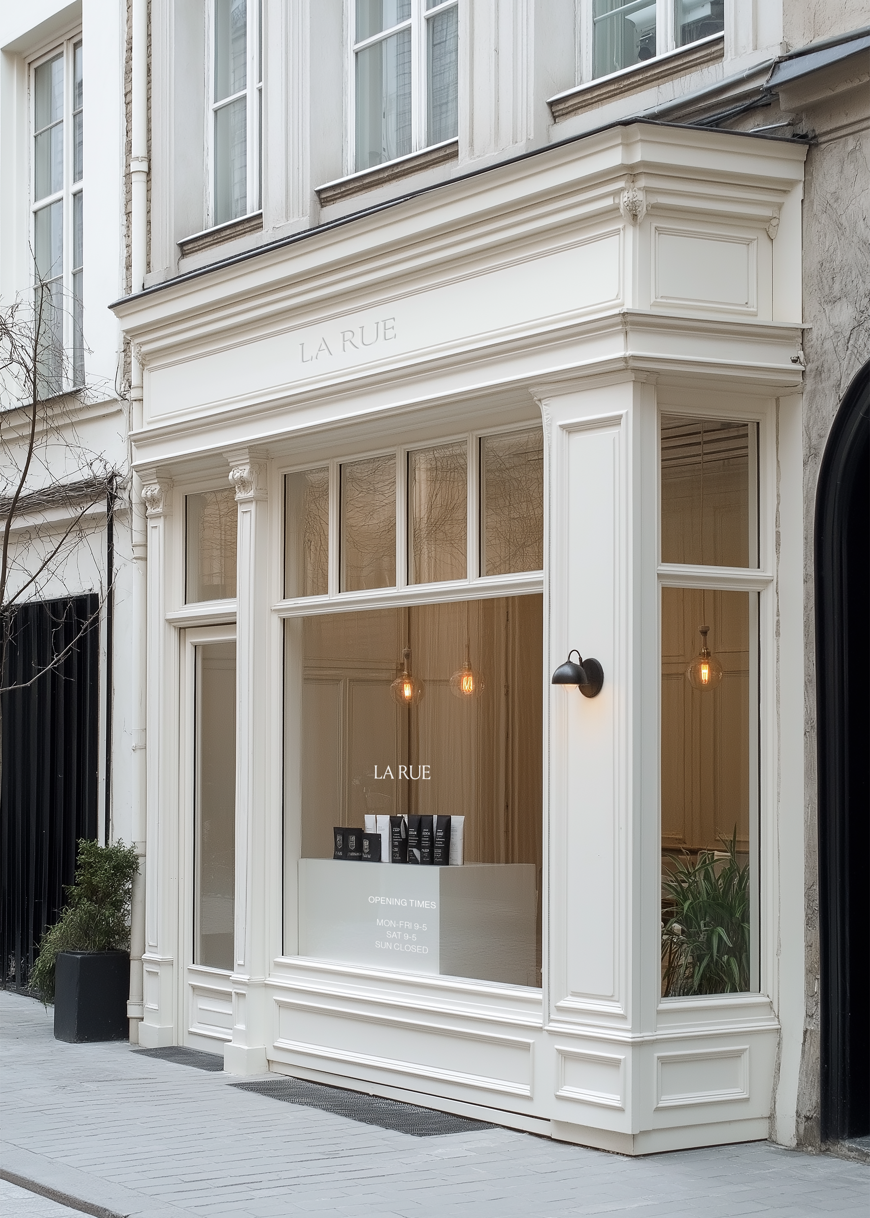 Shopfront mockup of a cream salon storefront with LA RUE signage, angled display window and lit skincare product plinth