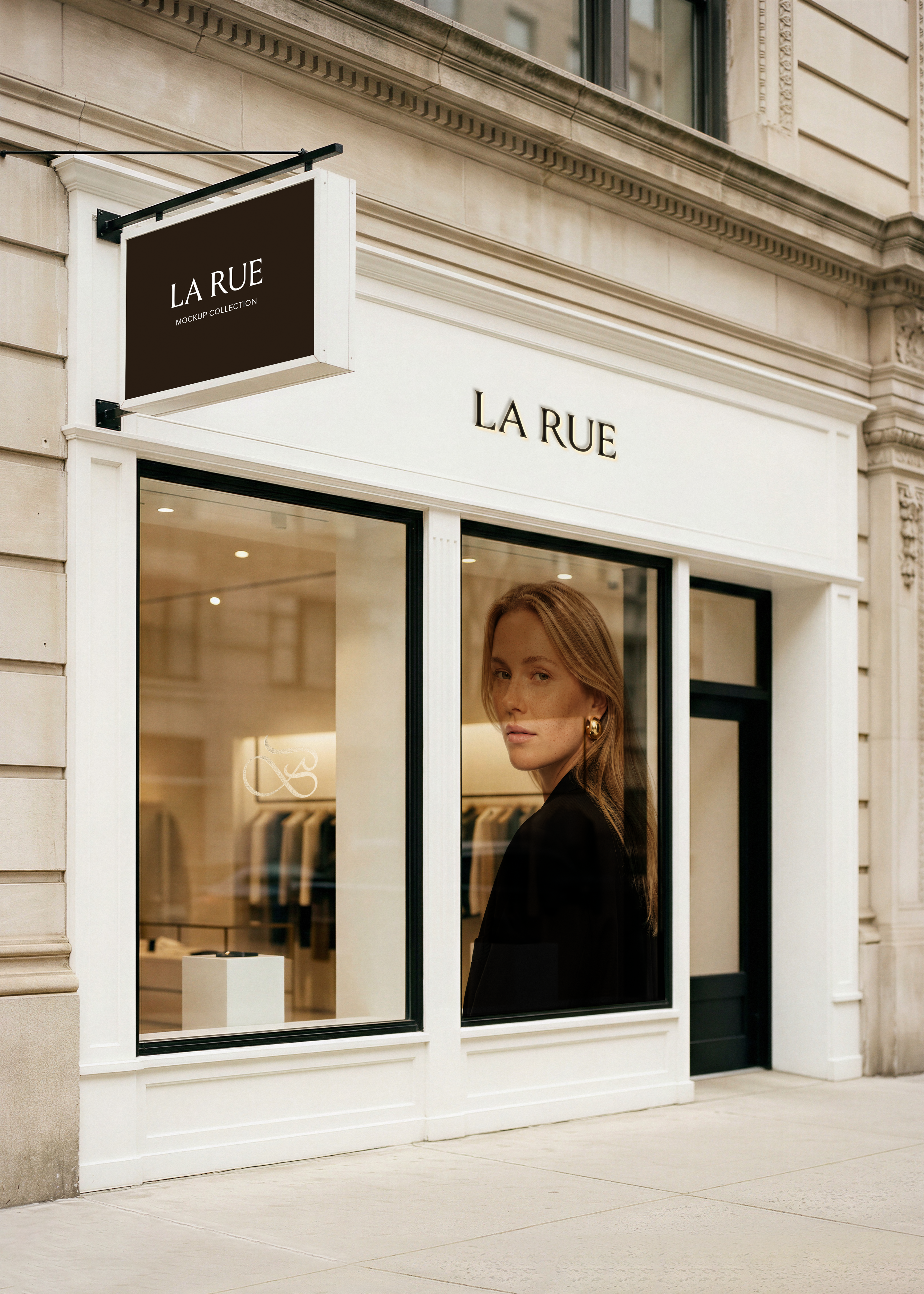 Luxury shopfront mockup with dark hanging sign and gold fascia lettering on white facade with large glass windows and stone surround