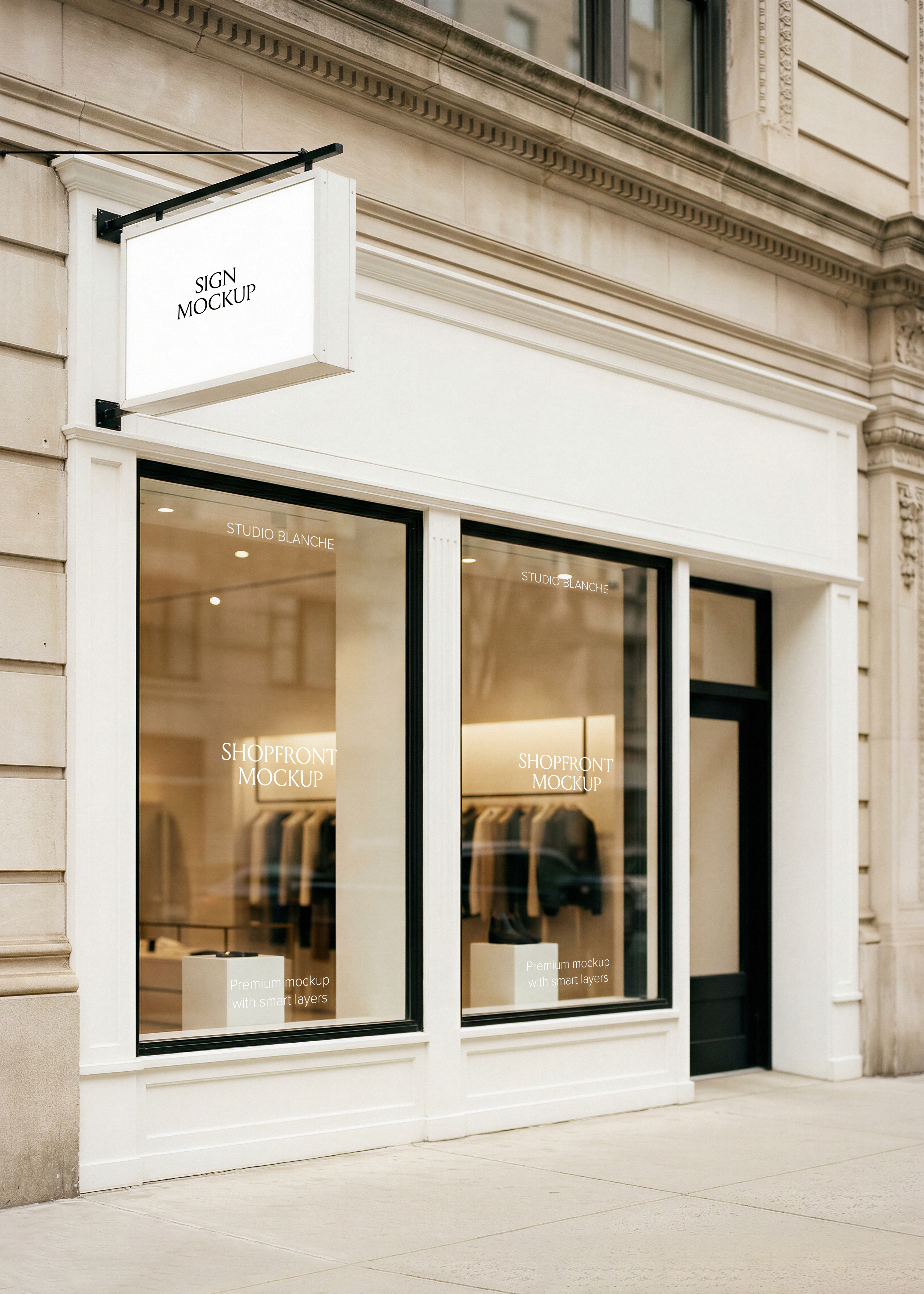 Shopfront mockup showing white hanging sign and window graphics on classical retail facade with warm interior lighting visible