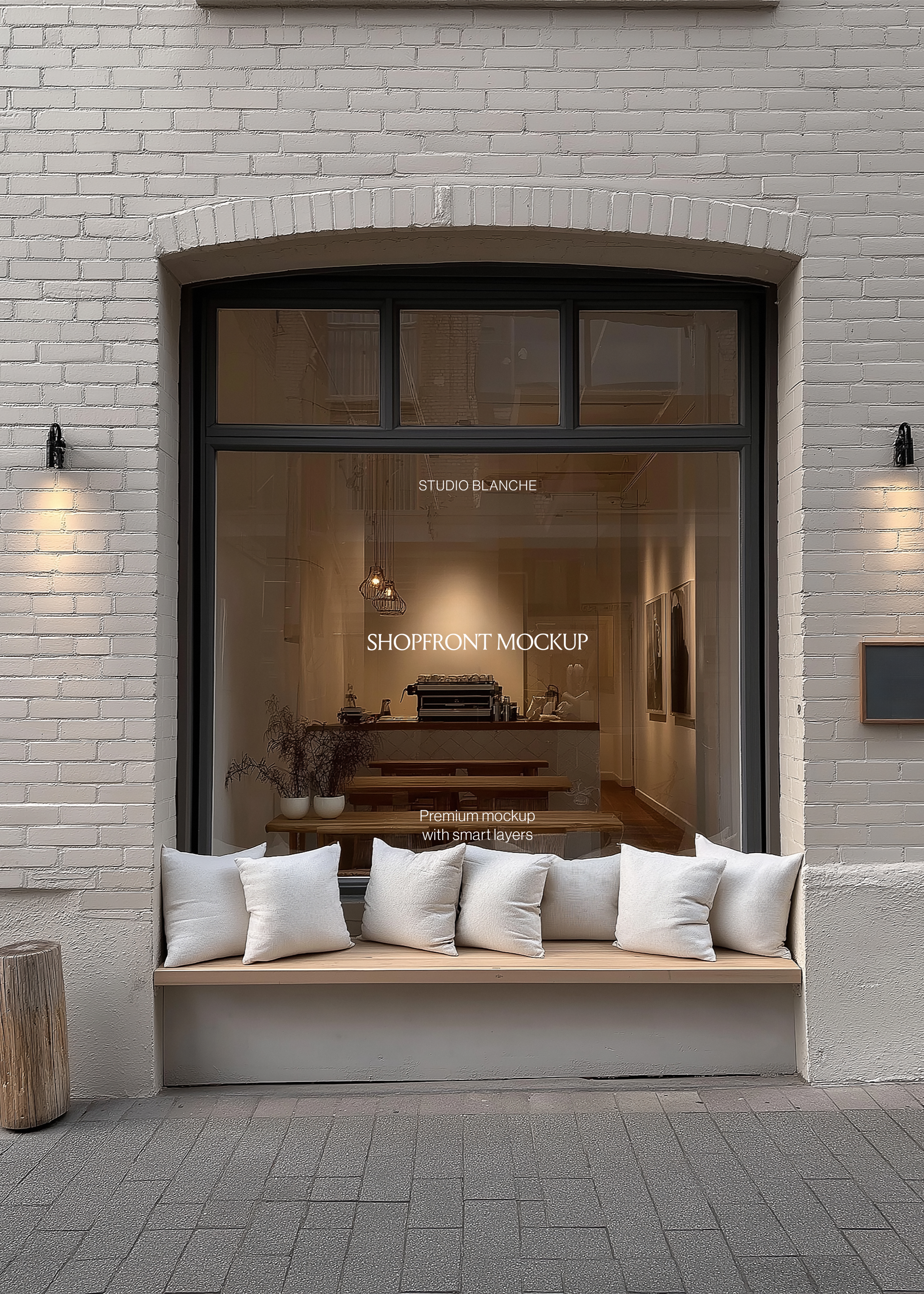 Shopfront window mockup detail, white café signage on glass, espresso bar and wooden benches visible inside