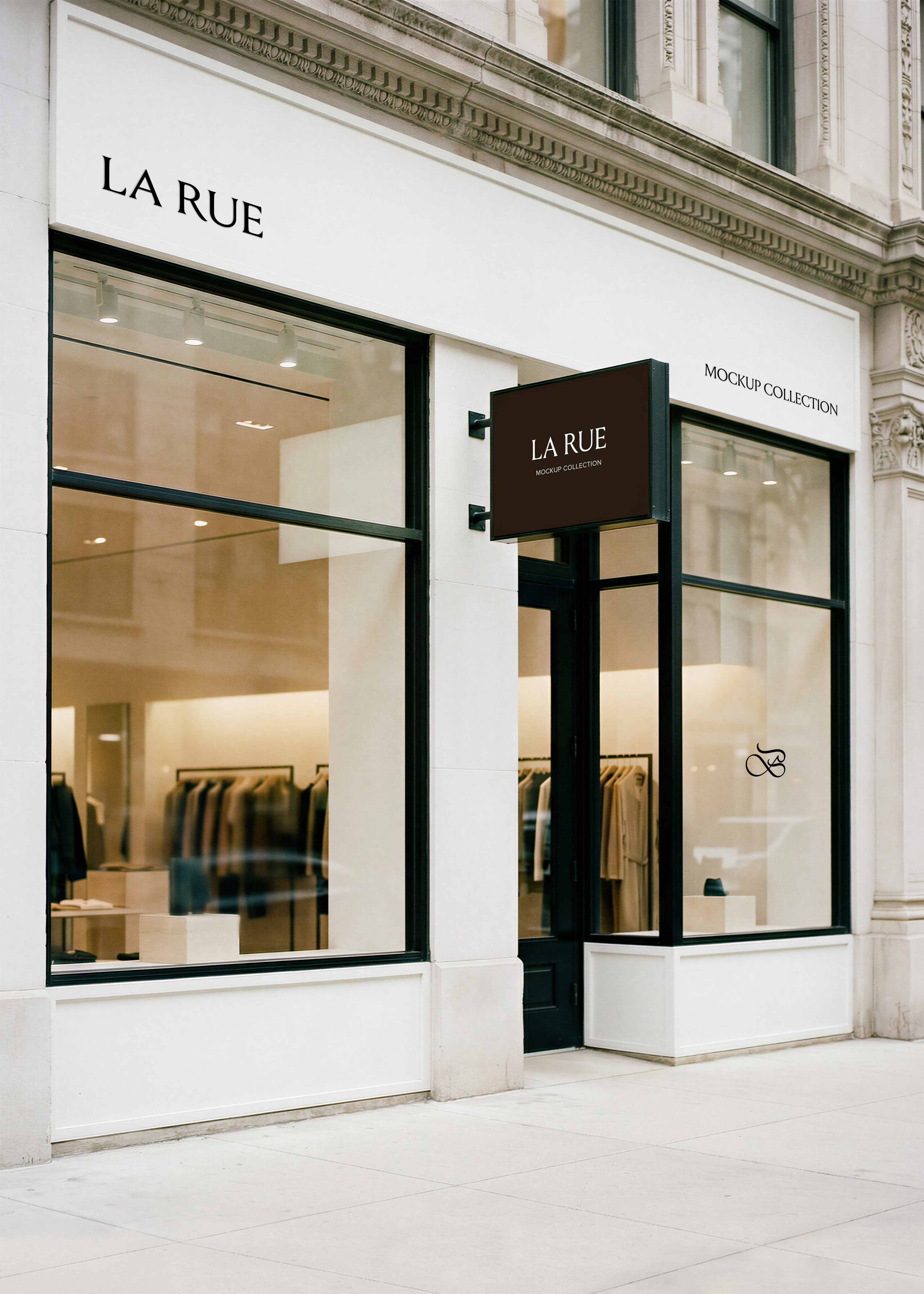 Luxury shopfront mockup with dark projecting sign and fascia lettering on white facade with full-height glass and ornate stone