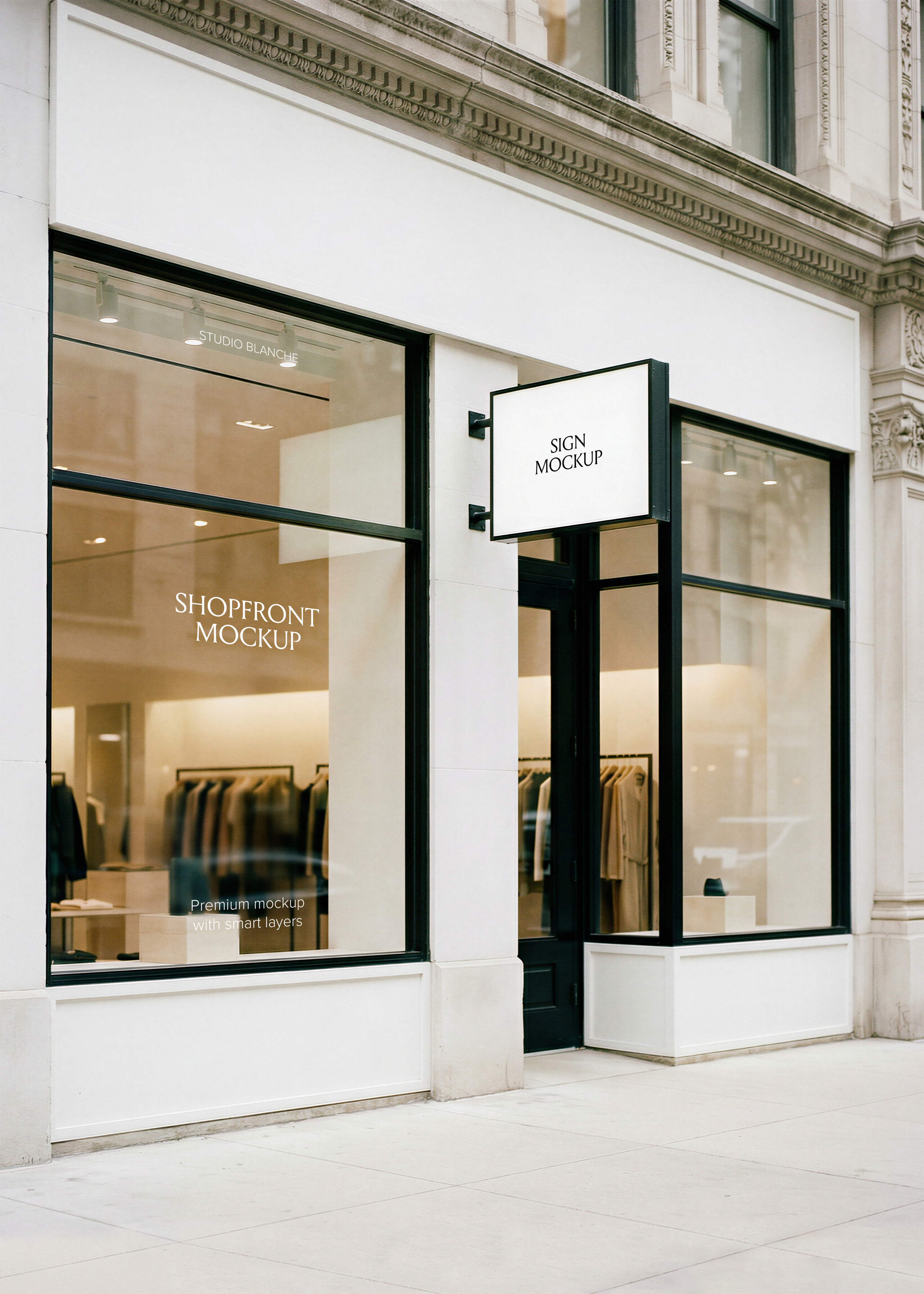 Shopfront mockup showing white projecting sign and window graphics on modern retail facade with dark door and stone detail