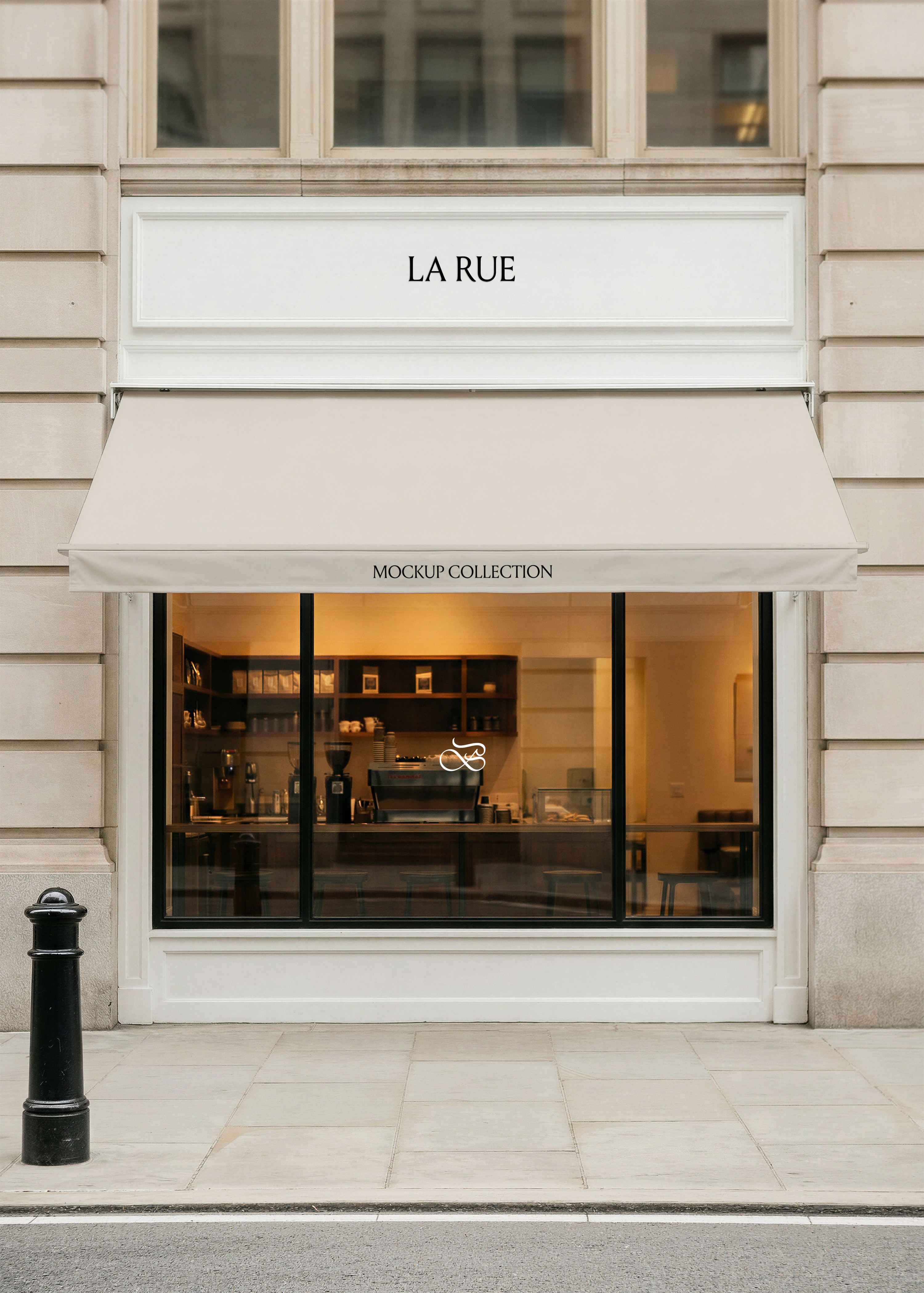 Shopfront mockup with fascia signage and cream canvas awning on sandstone facade with warm cafe interior visible through glass