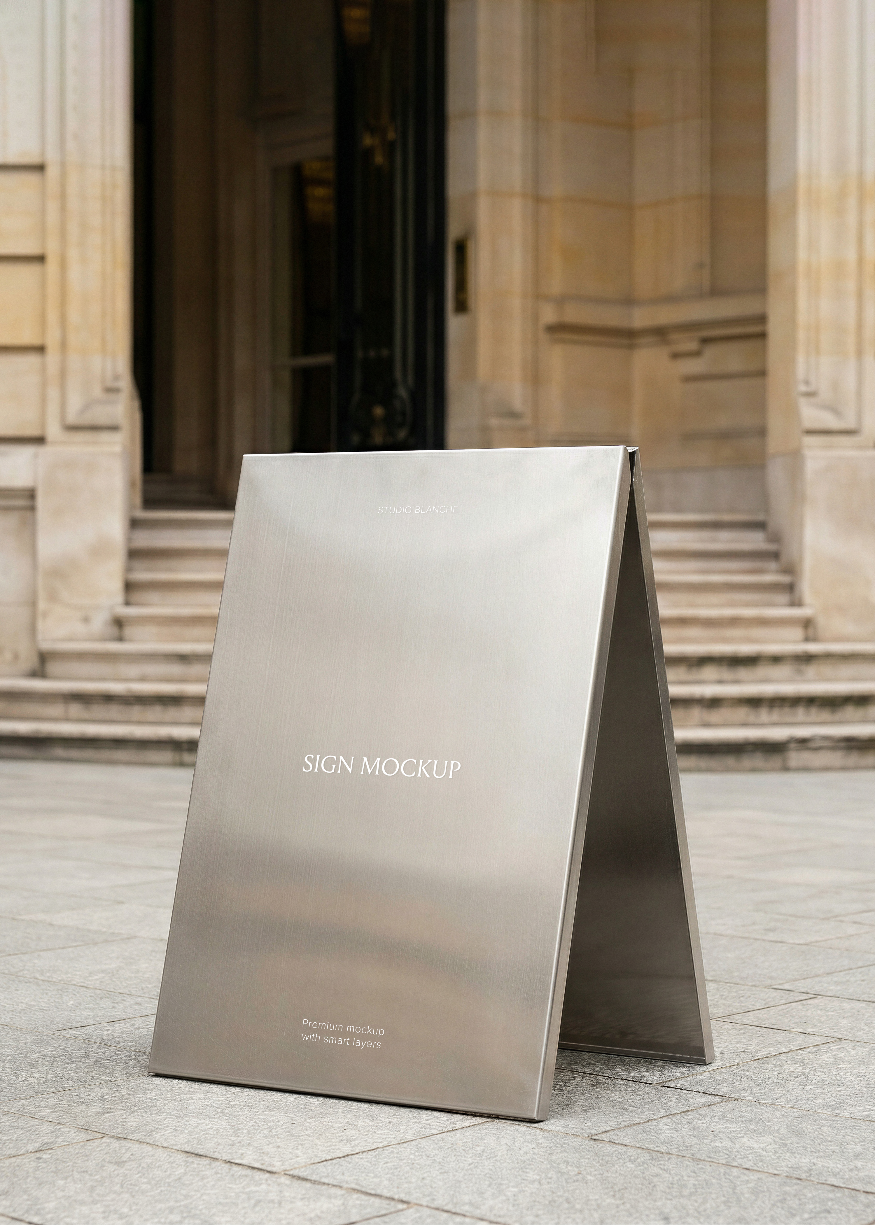 Brushed steel A-frame sign mockup on stone pavement outside classical building with steps and columns