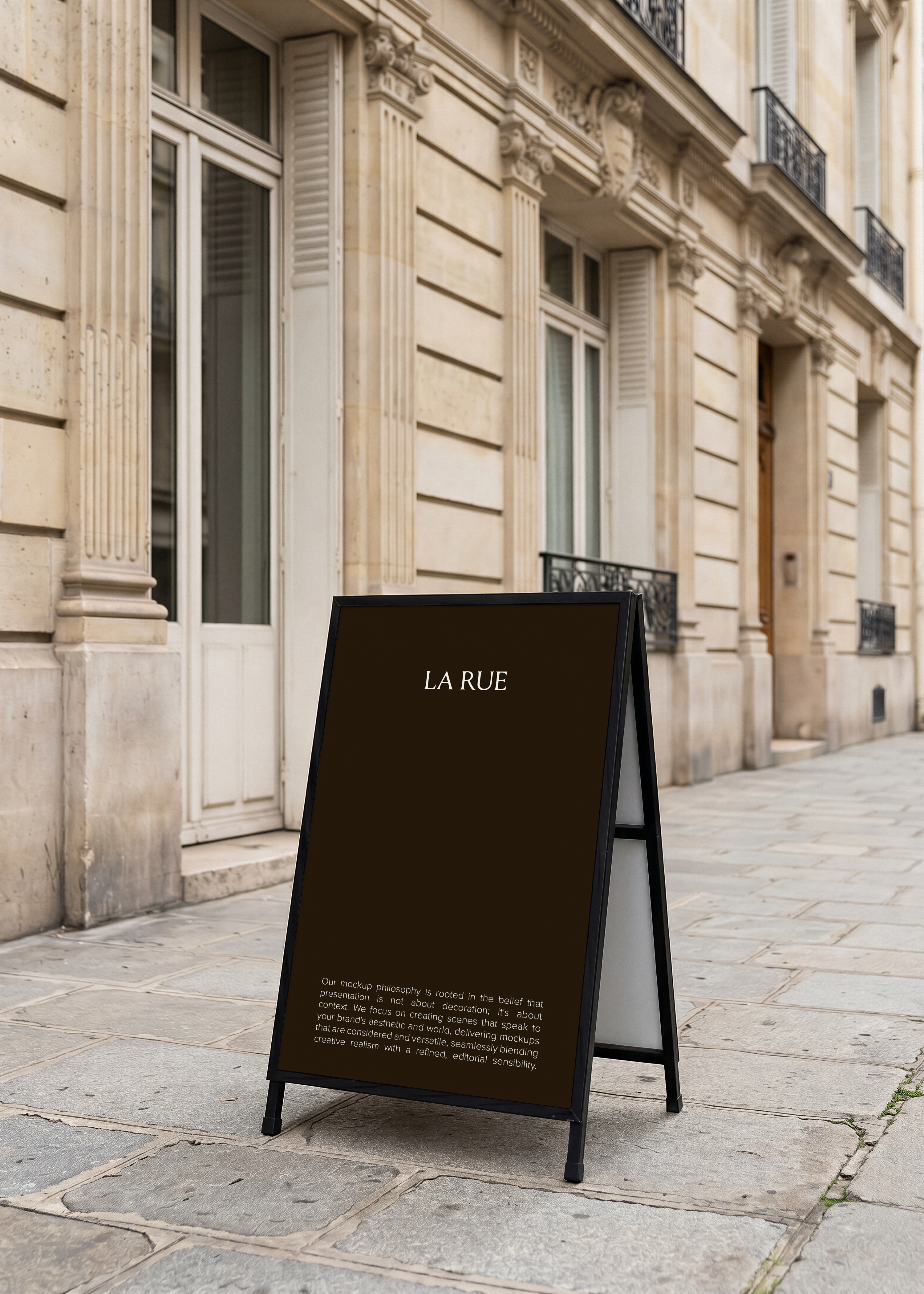 A-frame pavement sign mockup on cobbled Parisian street beside stone Haussmann building facade, dark frame, white insert