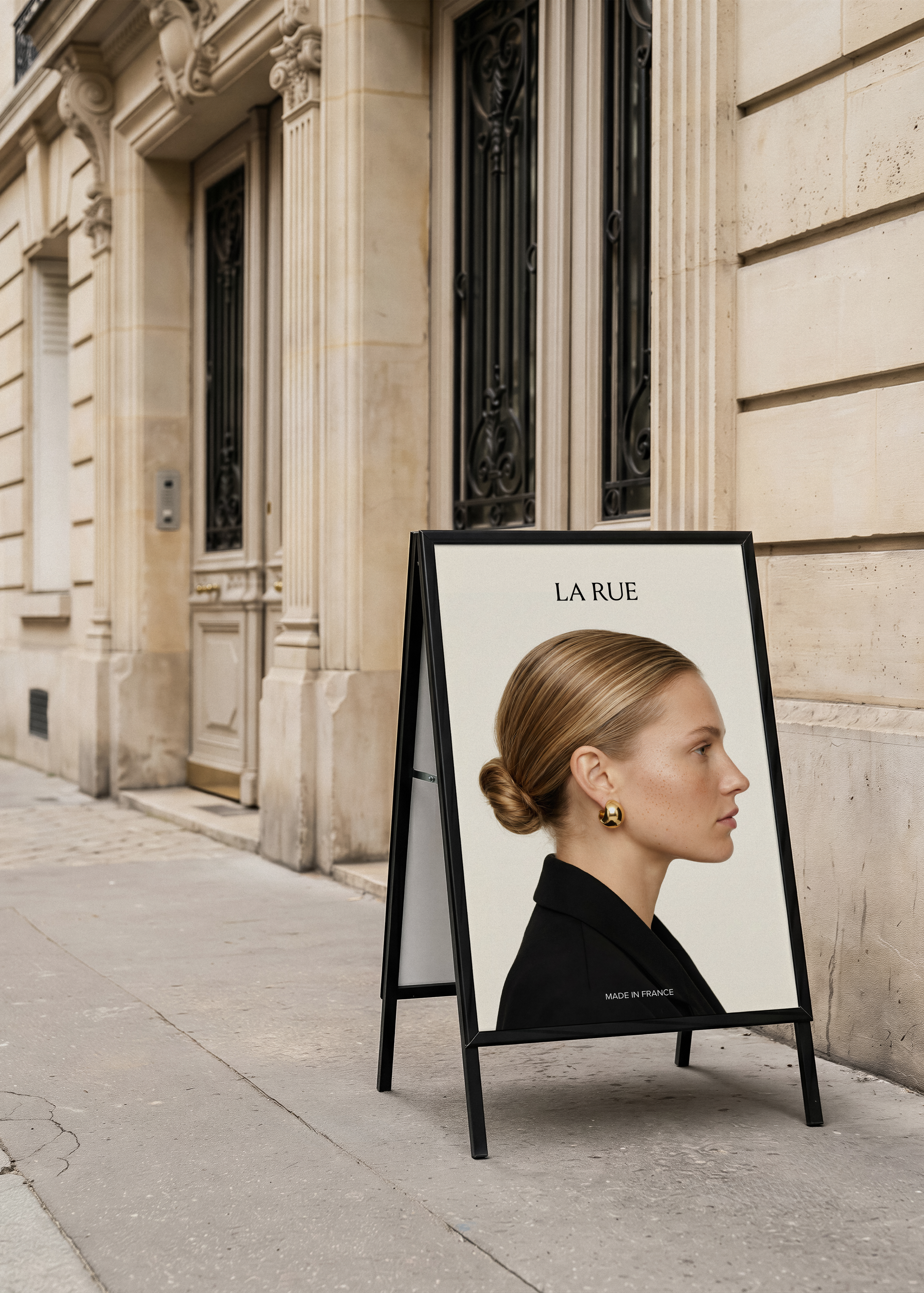 A-frame pavement sign mockup on Parisian street, black metal frame, cream panel with editorial fashion campaign artwork, stone facade