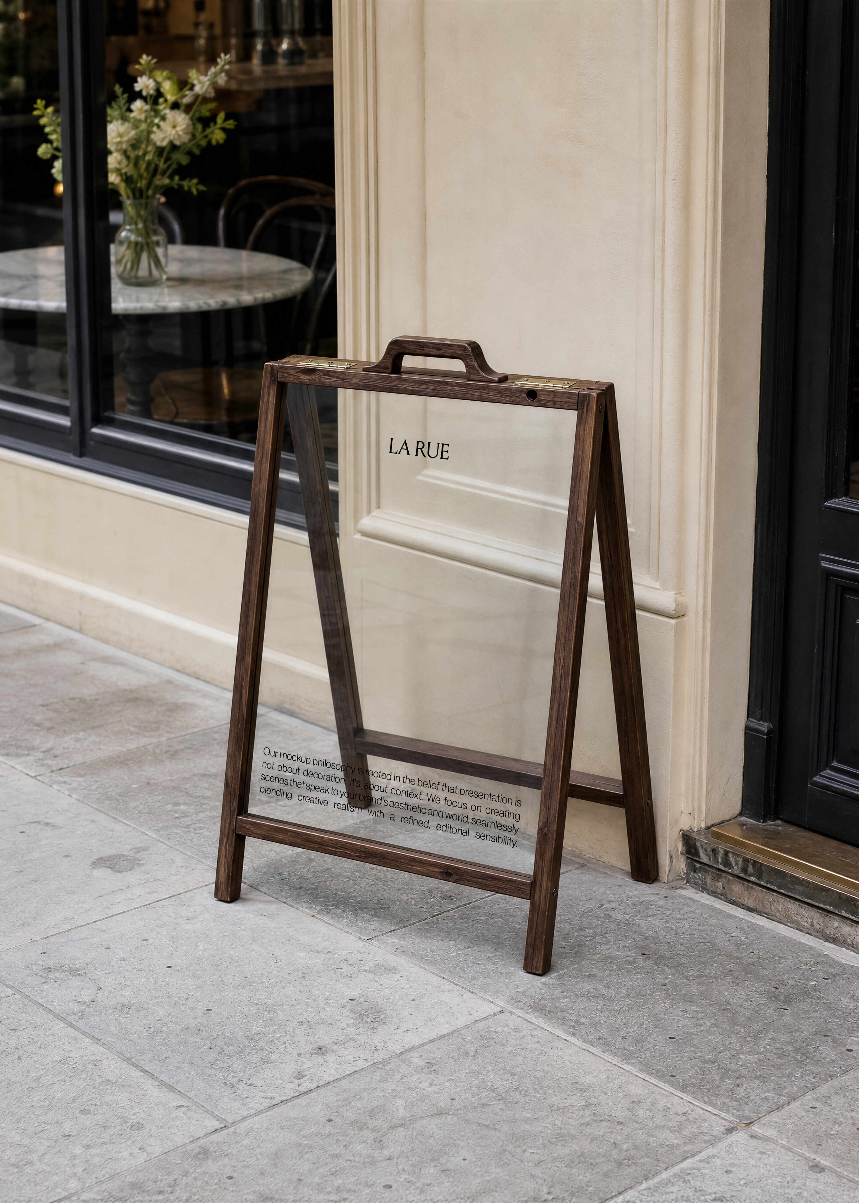 A-frame sign mockup with black lettering on clear glass panel and dark wood frame beside cream stone café facade