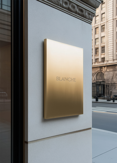Gold metal sign mockup with engraved serif brand name on brass panel, pale render wall and urban street scene behind