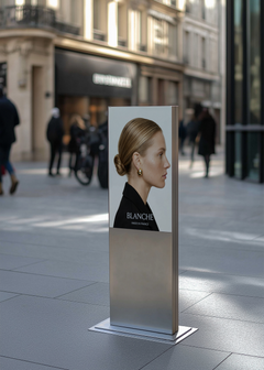Outdoor totem mockup displaying editorial beauty campaign portrait and serif brand name, Parisian street scene behind