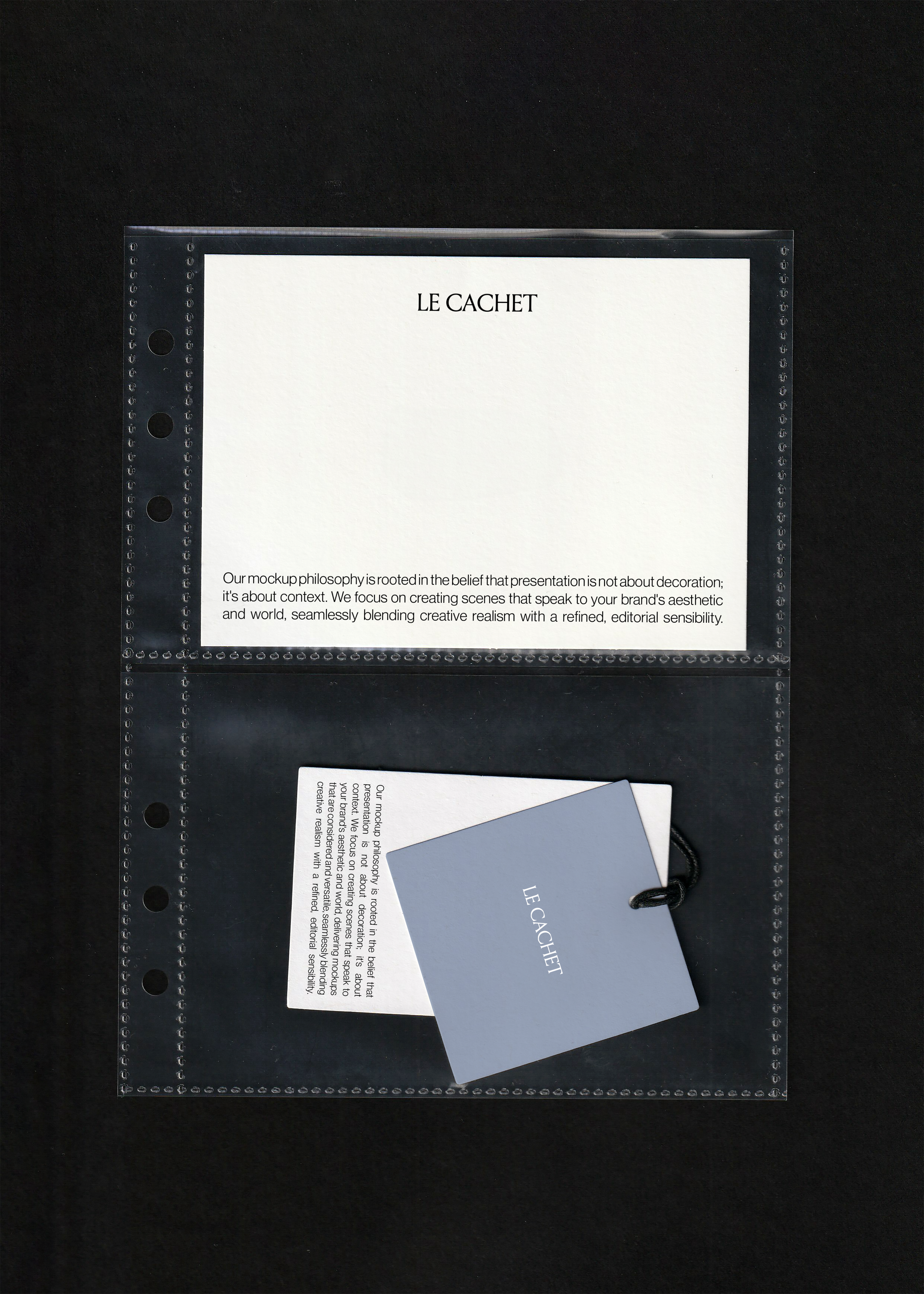 Card and swing tag mockup in a clear punched pocket, white card above a blue grey tag with black cord