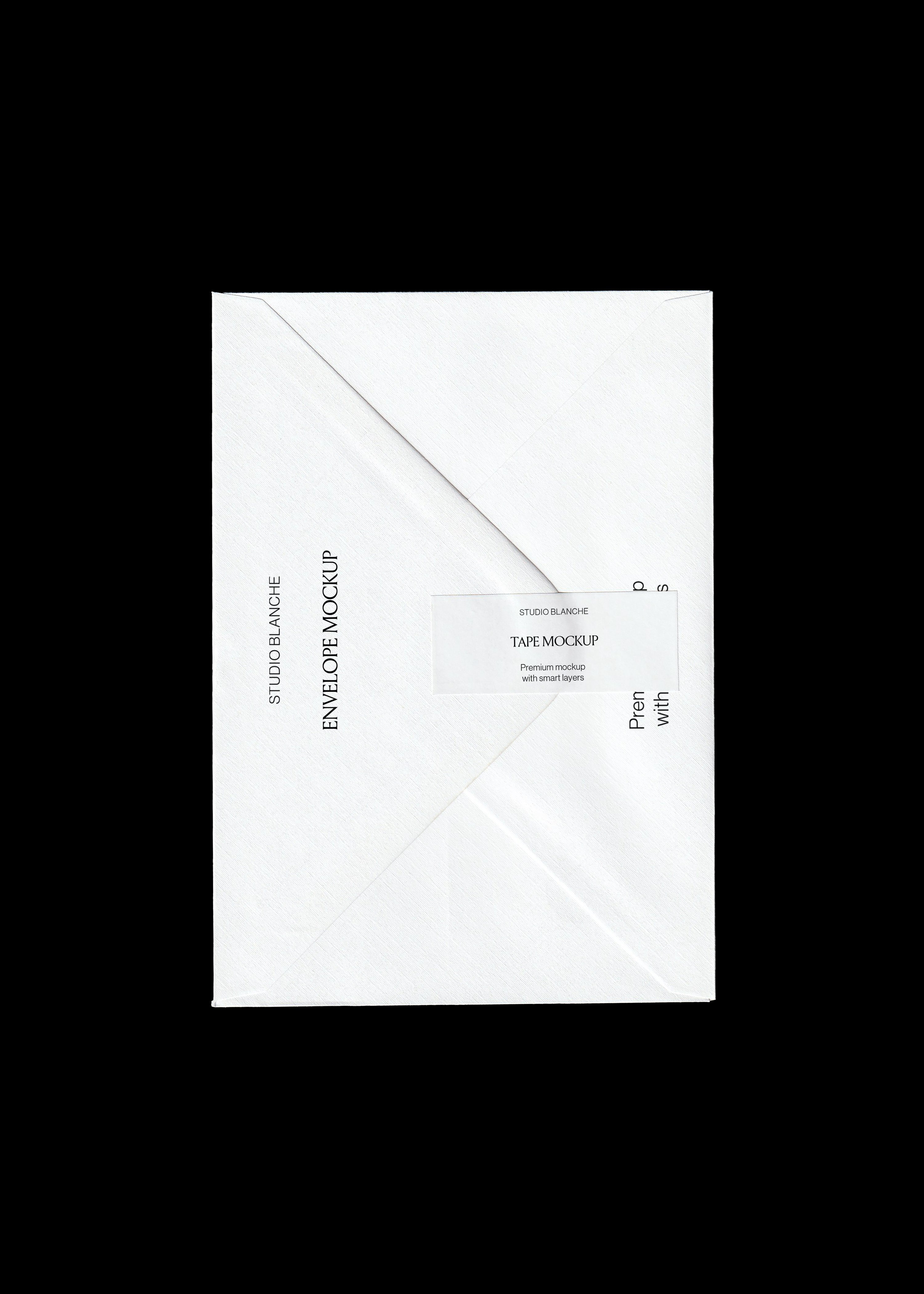 Envelope mockup sealed with a translucent tape strip across the centre flap, white paper on black backdrop