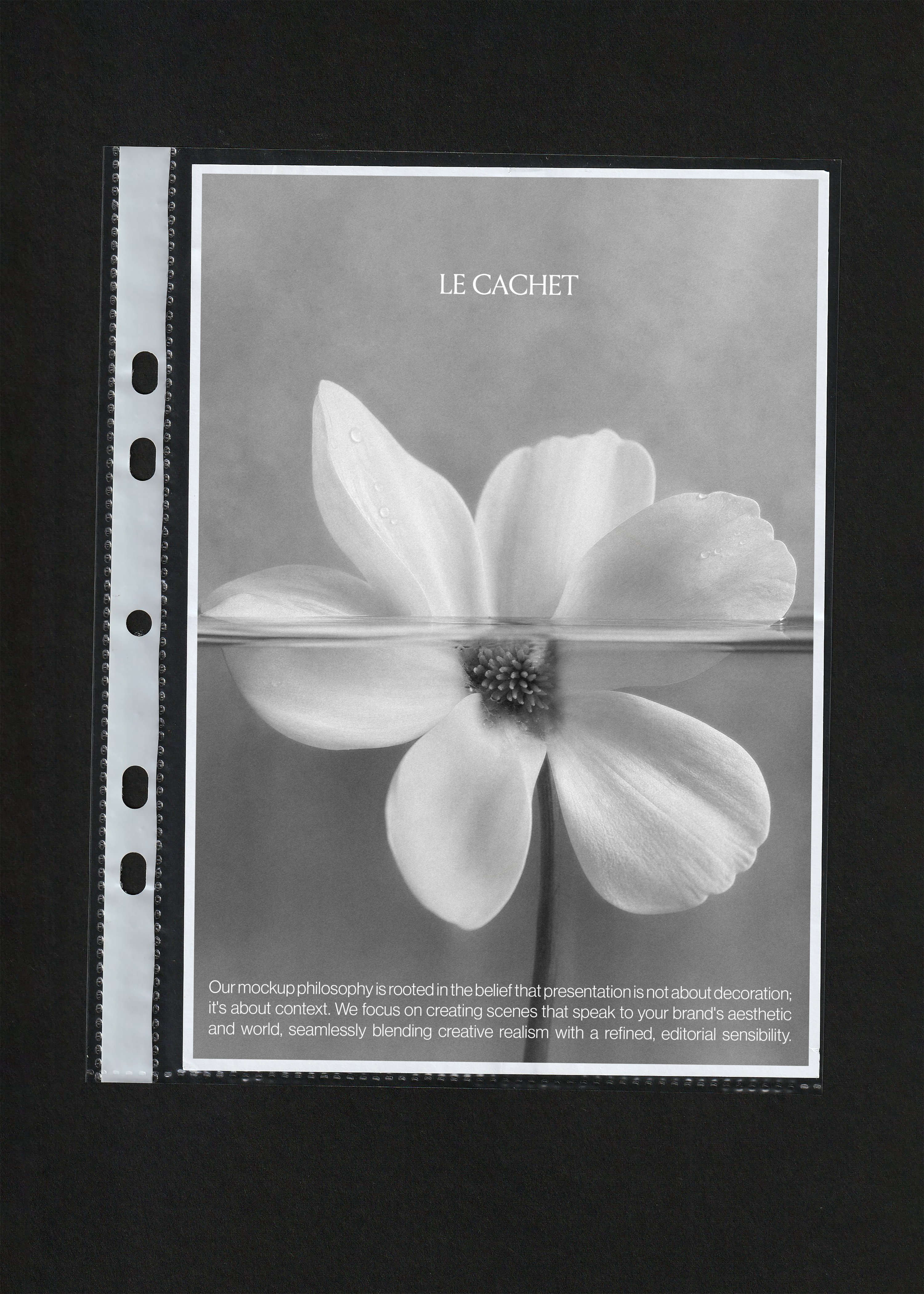 Paper mockup in a clear punched pocket, grey flower poster print with white border on black background