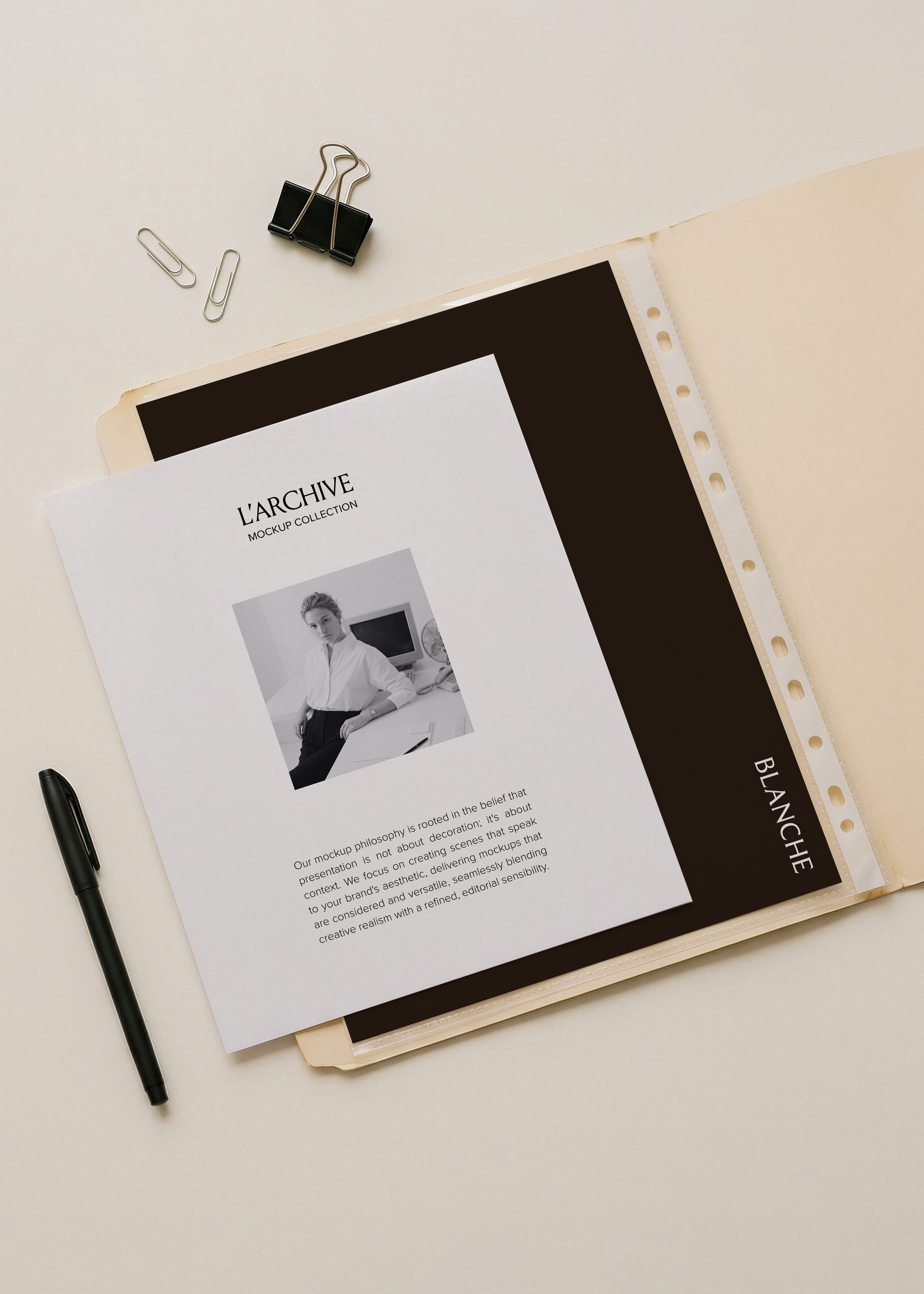 A4 card stationery mockup layered over punched pocket in cream folder with black biro, paper clips and binder clip