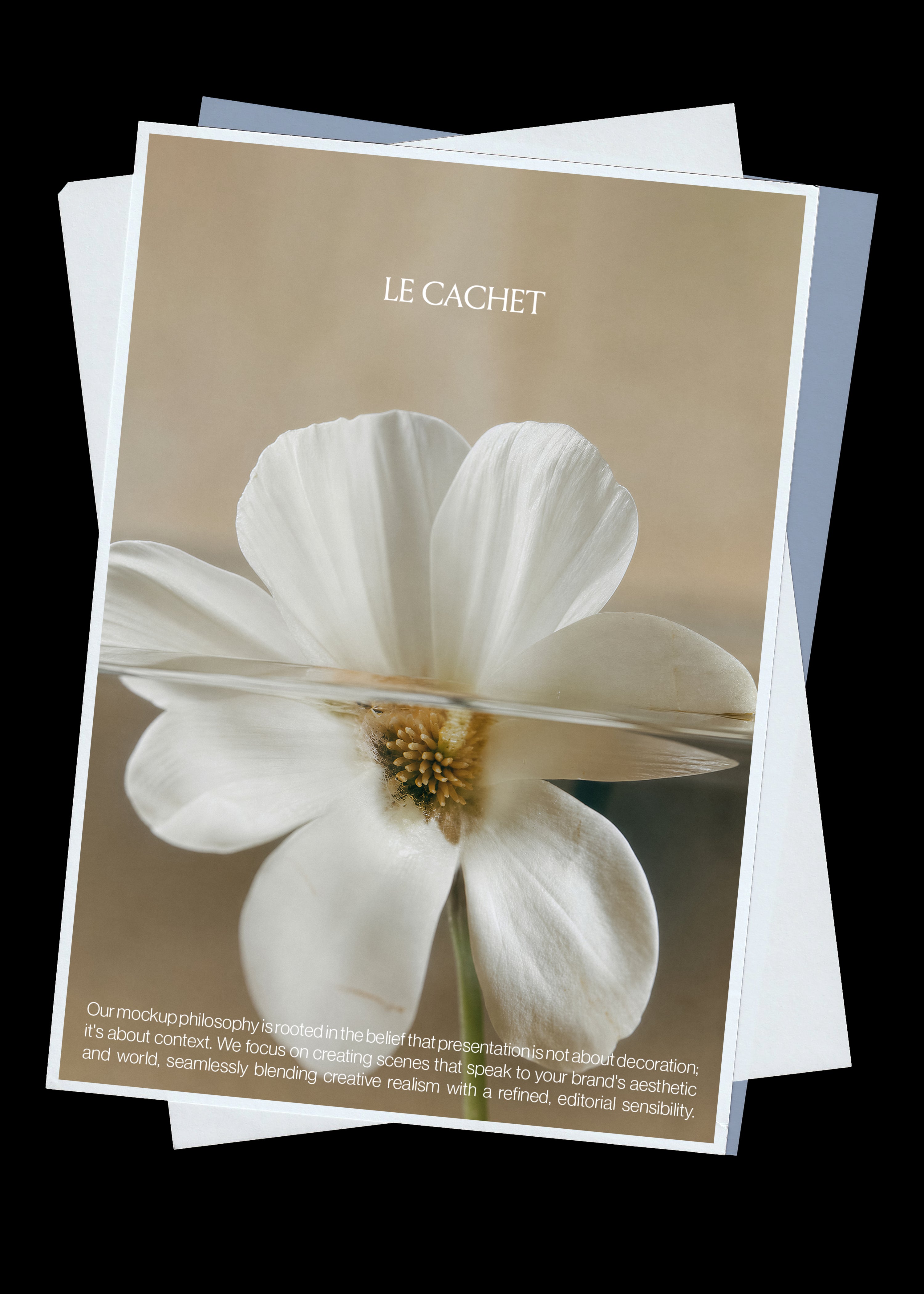 Paper mockup with three layered sheets, warm beige flower print over white and blue grey paper on black