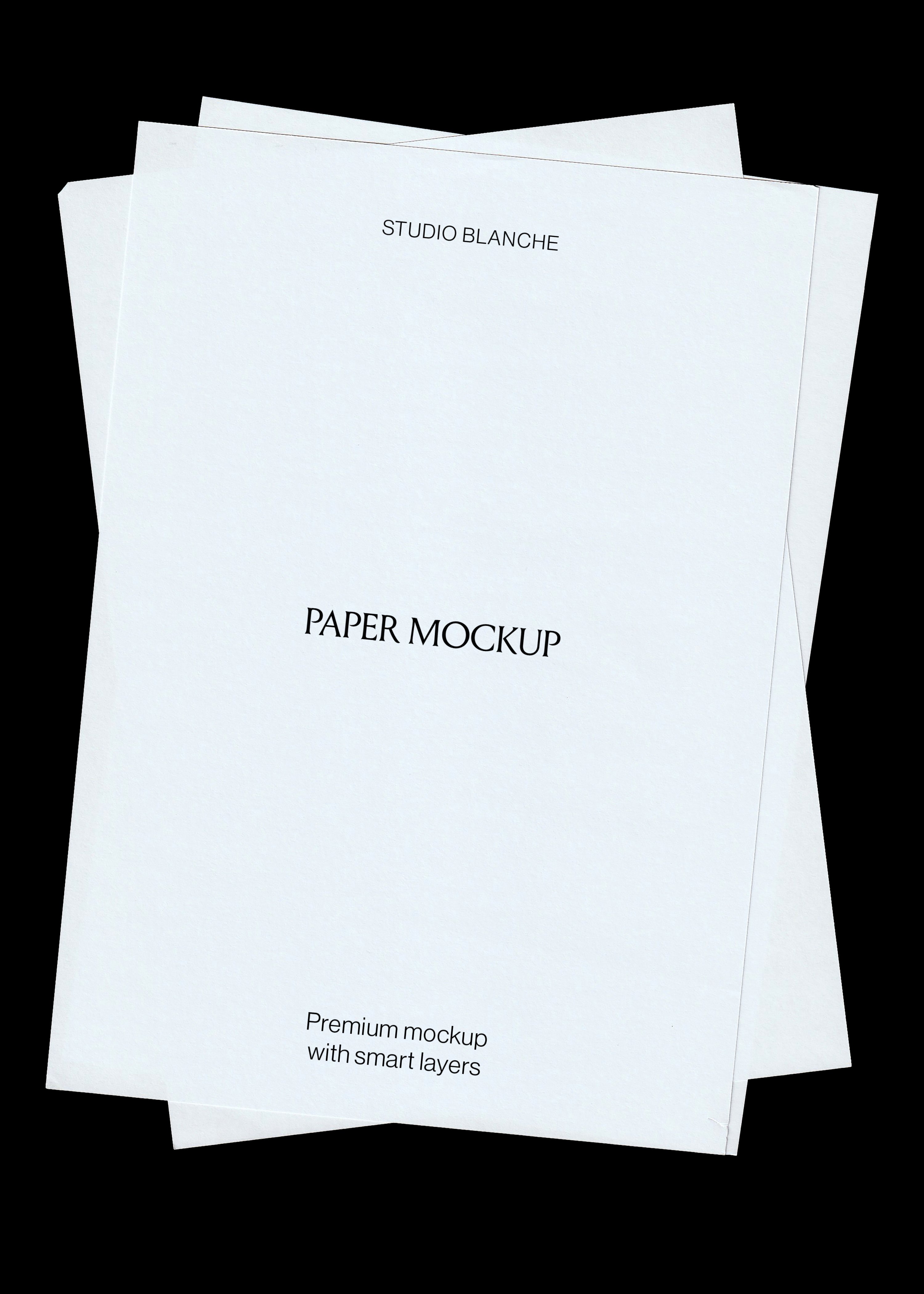 Scanned paper mockup, three blank white textured sheets stacked at slight angles on black background