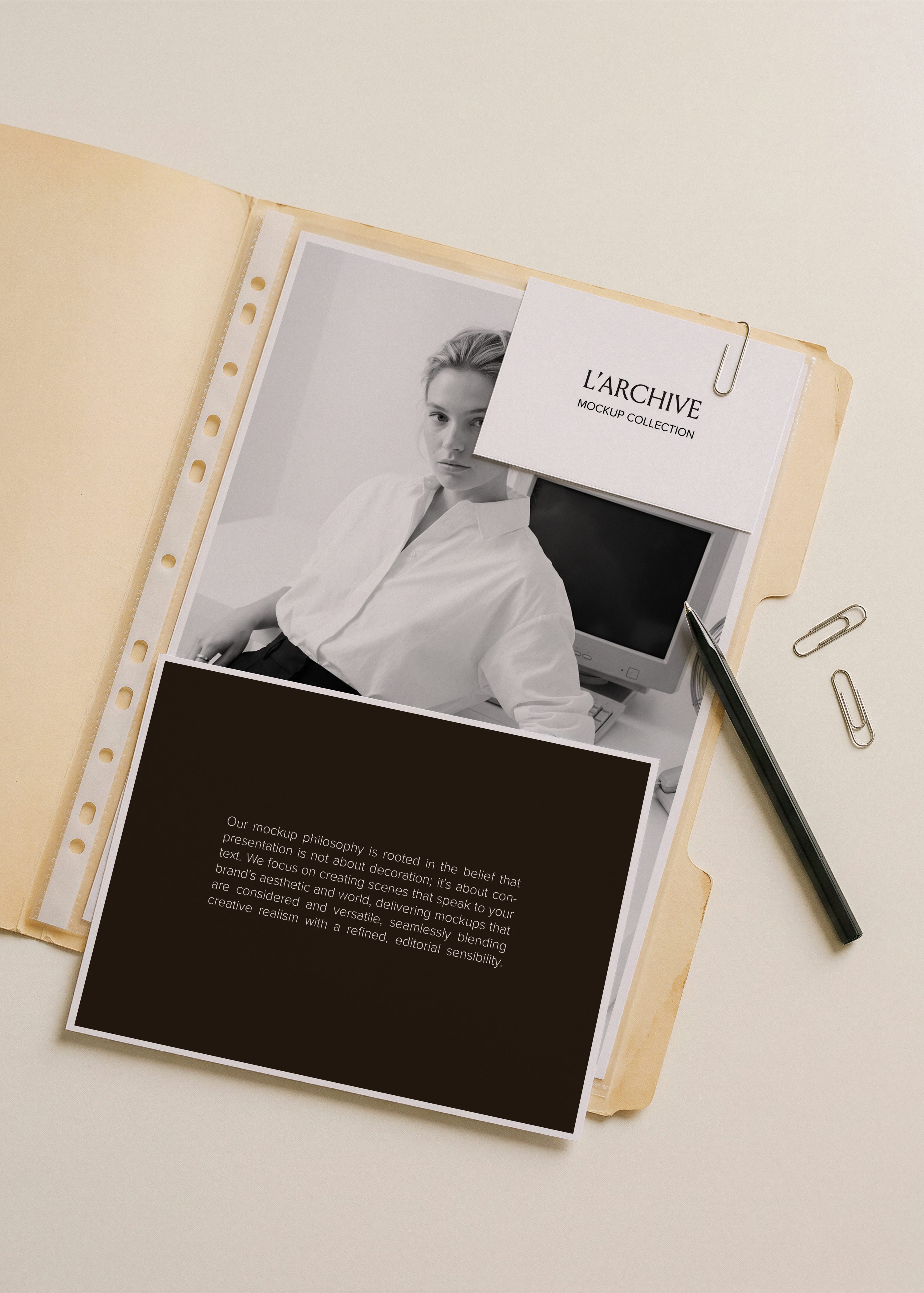 A4 letterhead, A5 card and business card stationery mockup on aged cream folder with punched pocket, biro and paper clips