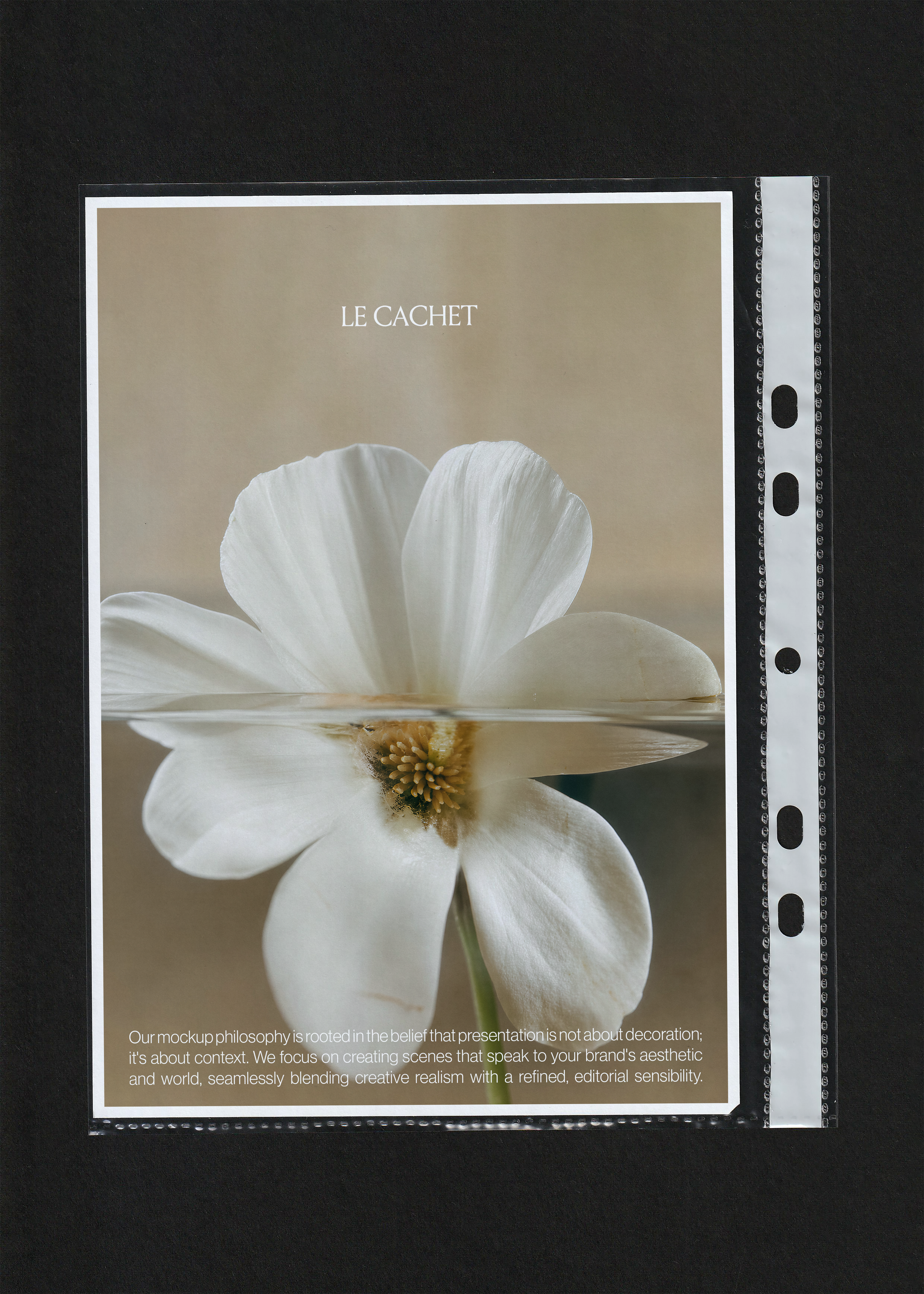 Paper mockup in a clear punched pocket, warm beige flower print with white border, holes on the right