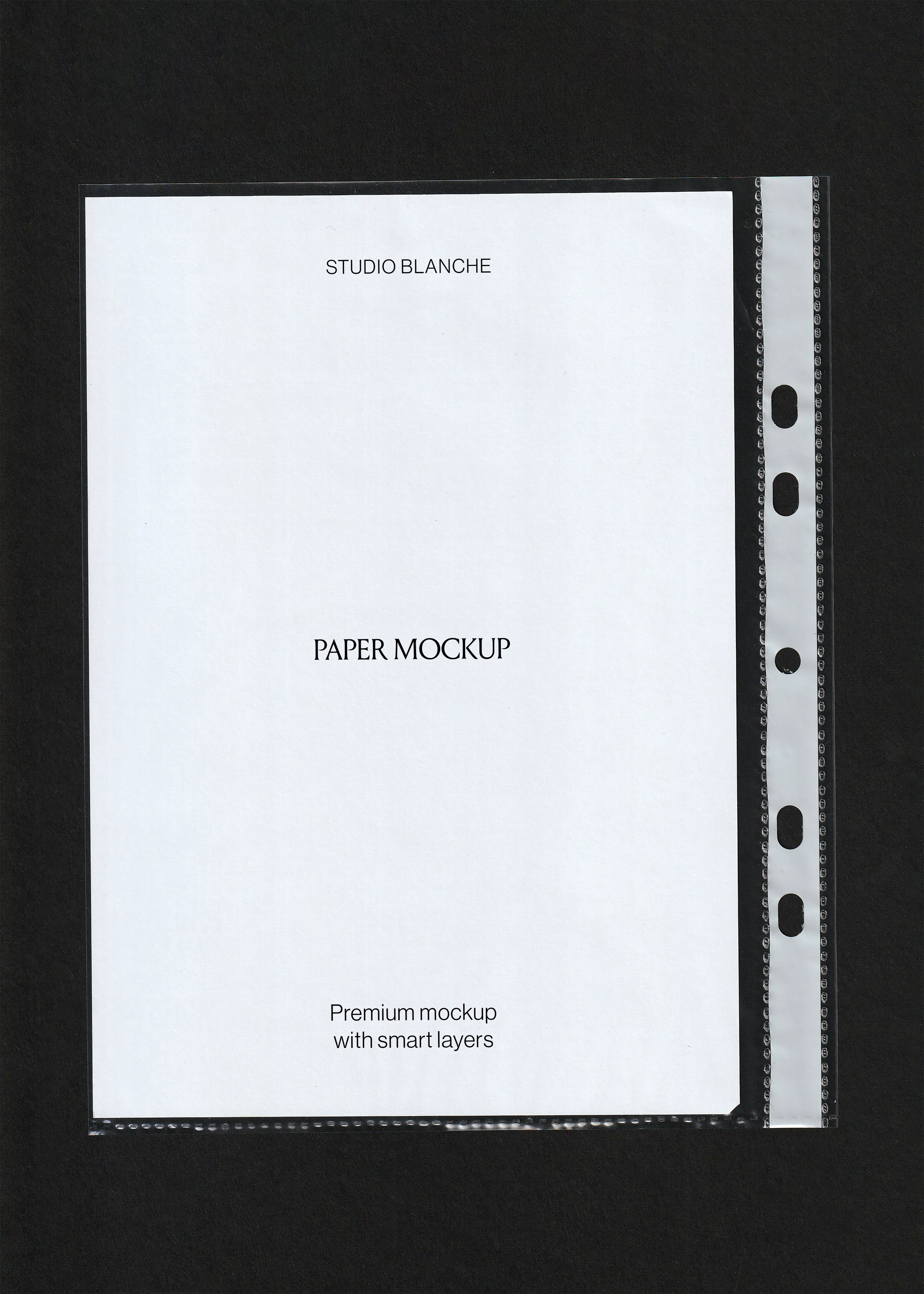 Scanned paper mockup, plain white A4 sheet inside a clear punched pocket sleeve on black background