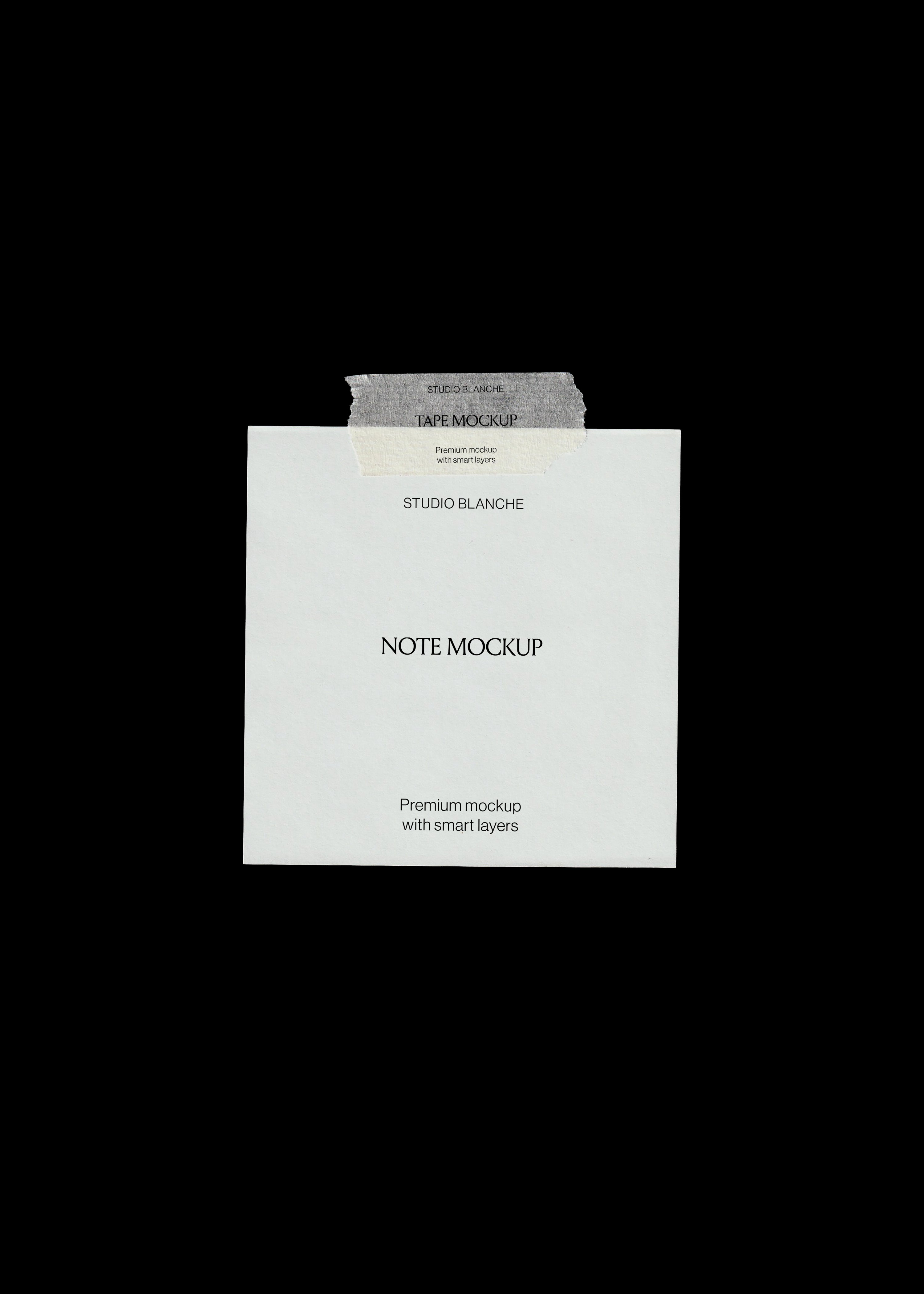 Note mockup in textured white paper with a two-tone grey and cream tape strip across the top edge, black backdrop