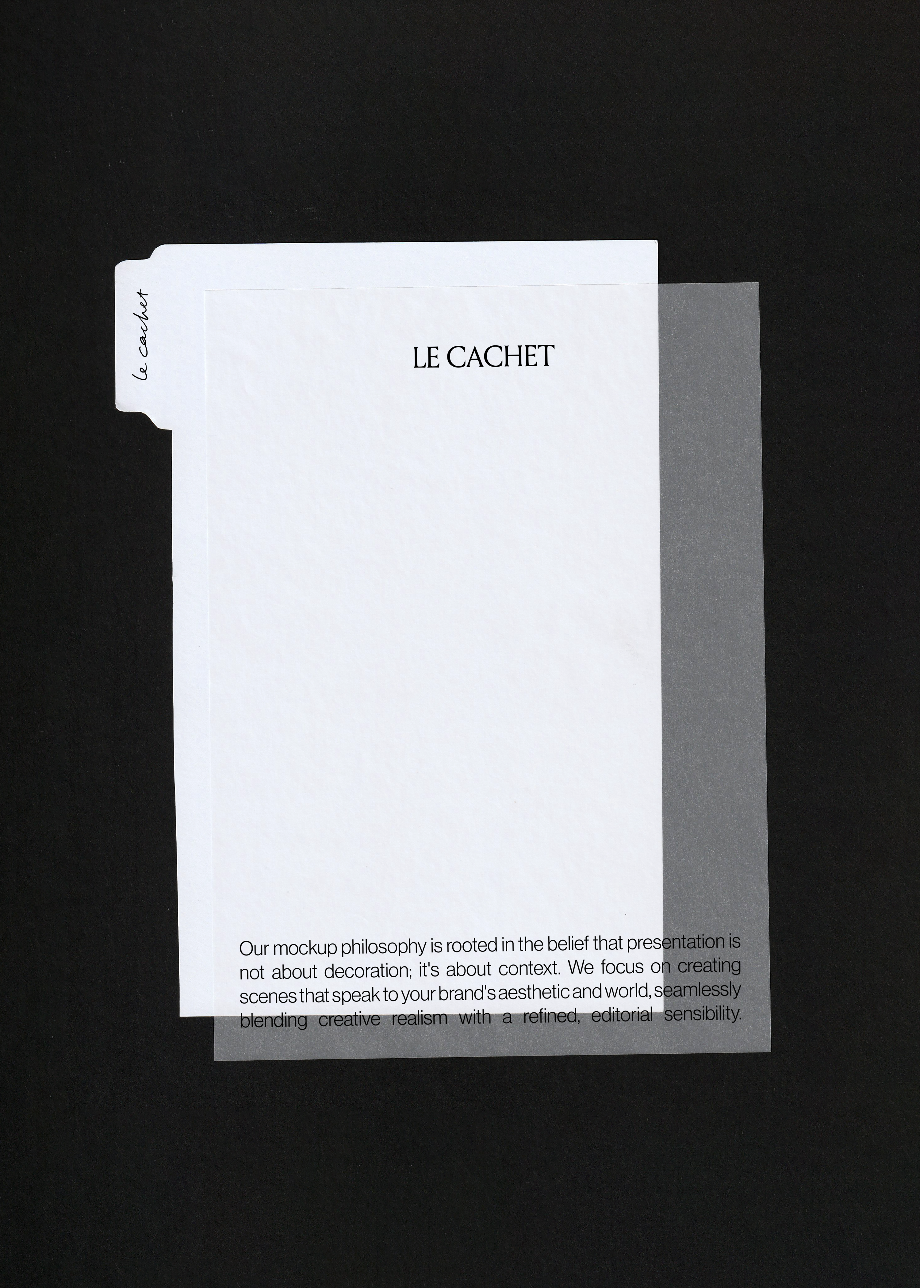 Tabbed divider and vellum paper mockup, white divider with side tab under a grey translucent sheet