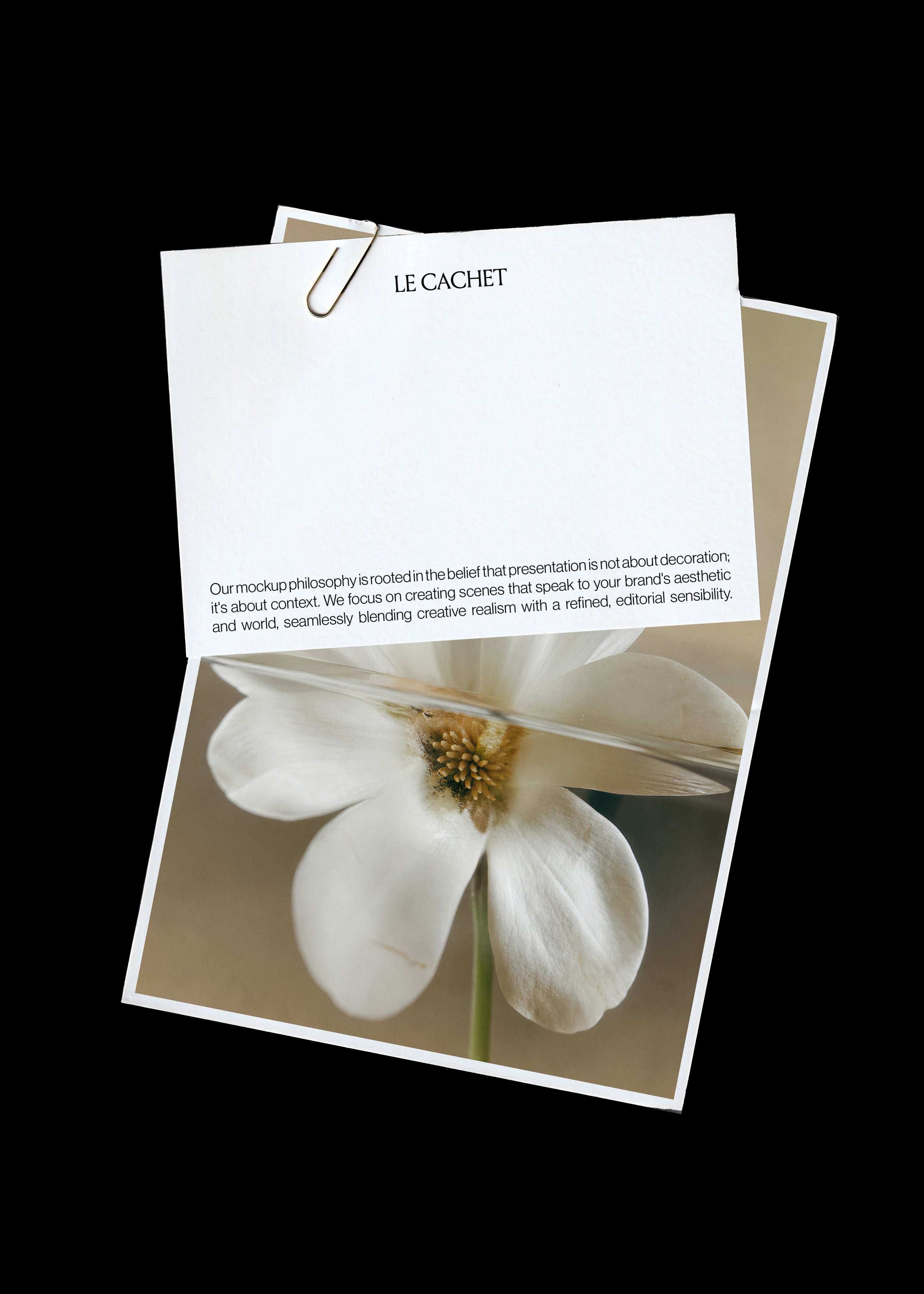 Scanned stationery mockup, white card held by a gold paperclip over a folded flower print, black background