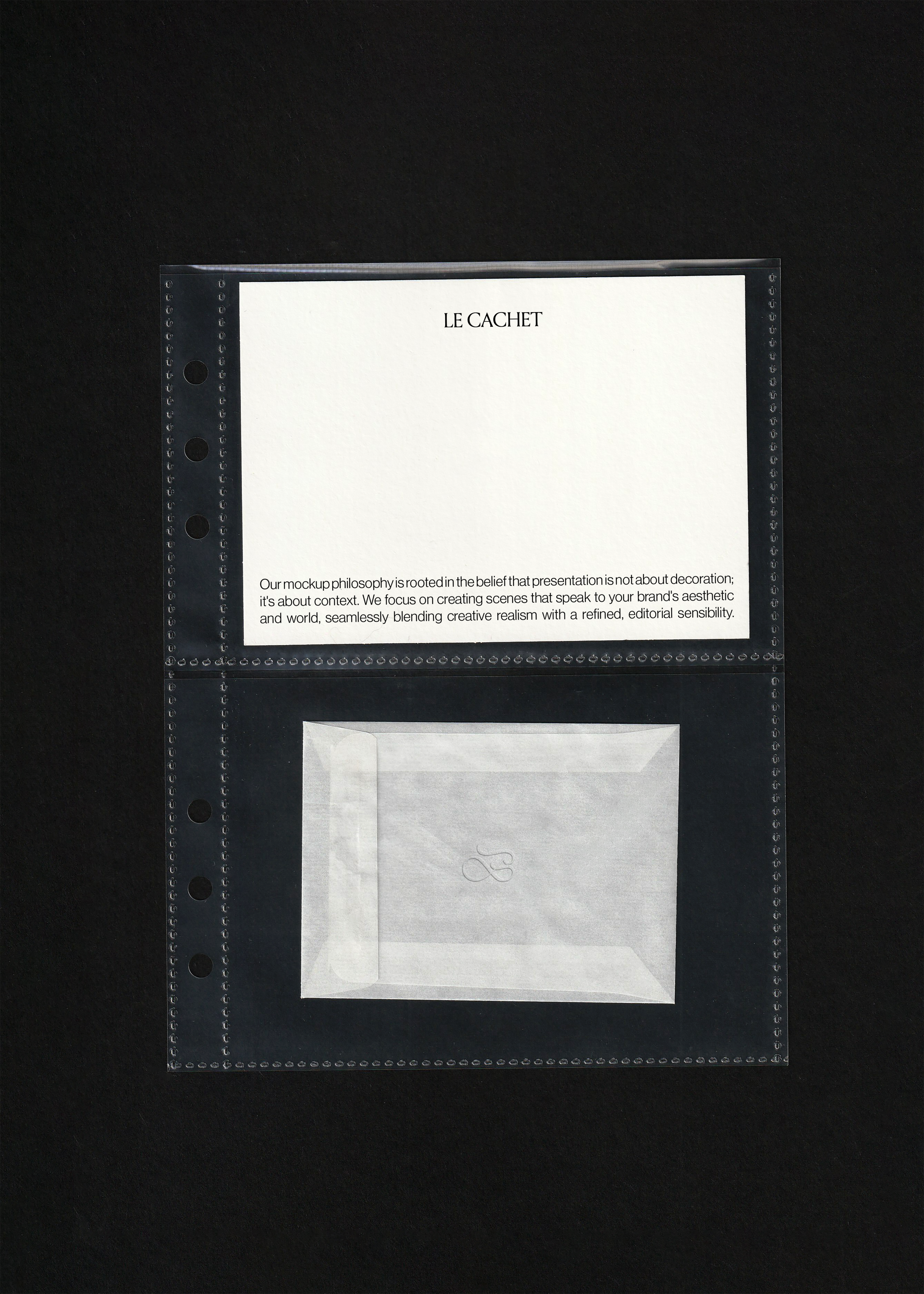 Card and vellum envelope mockup in a punched pocket, white card above a translucent envelope on black