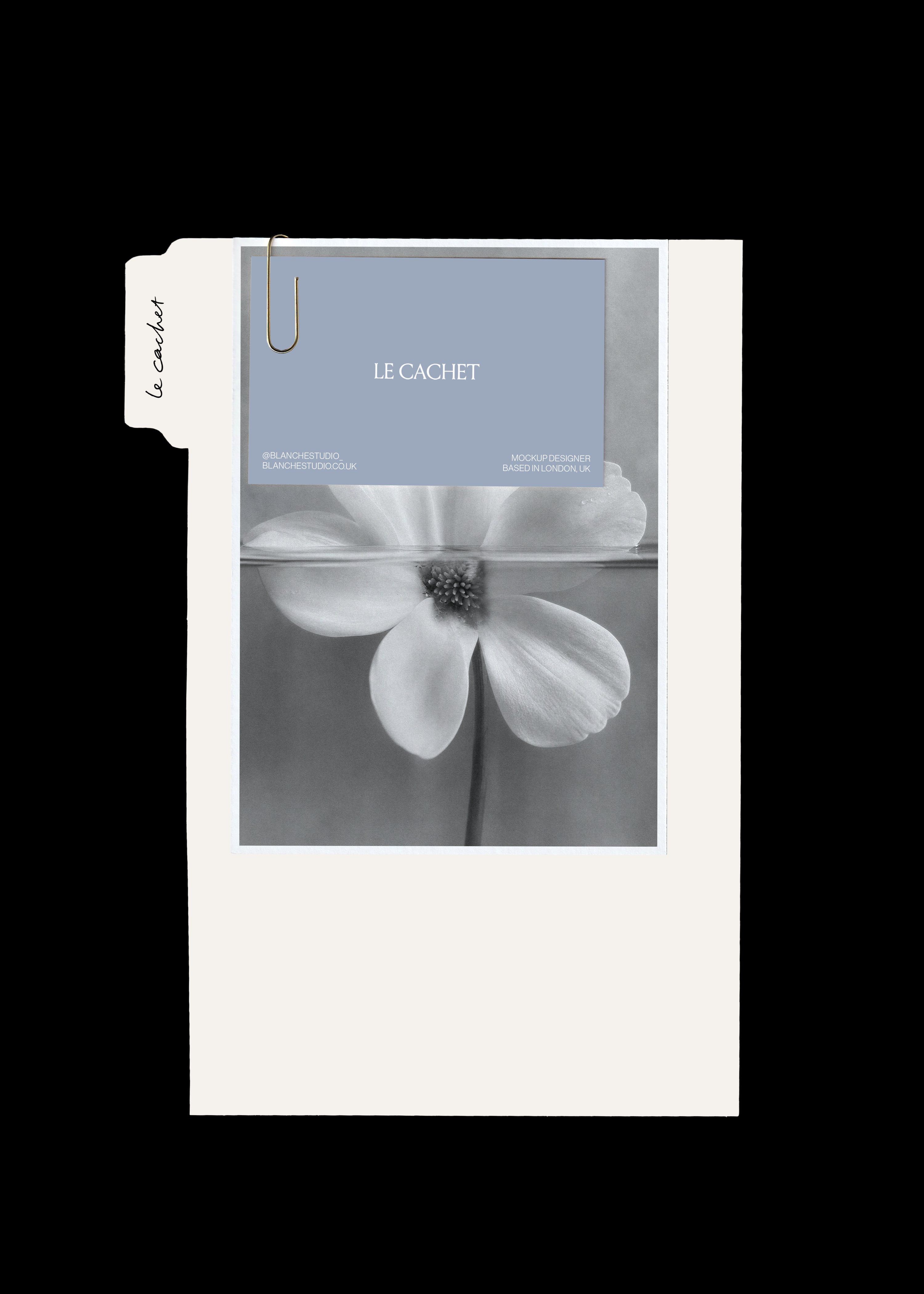 Tabbed divider, card and business card mockup, blue grey card with gold paperclip over a flower print
