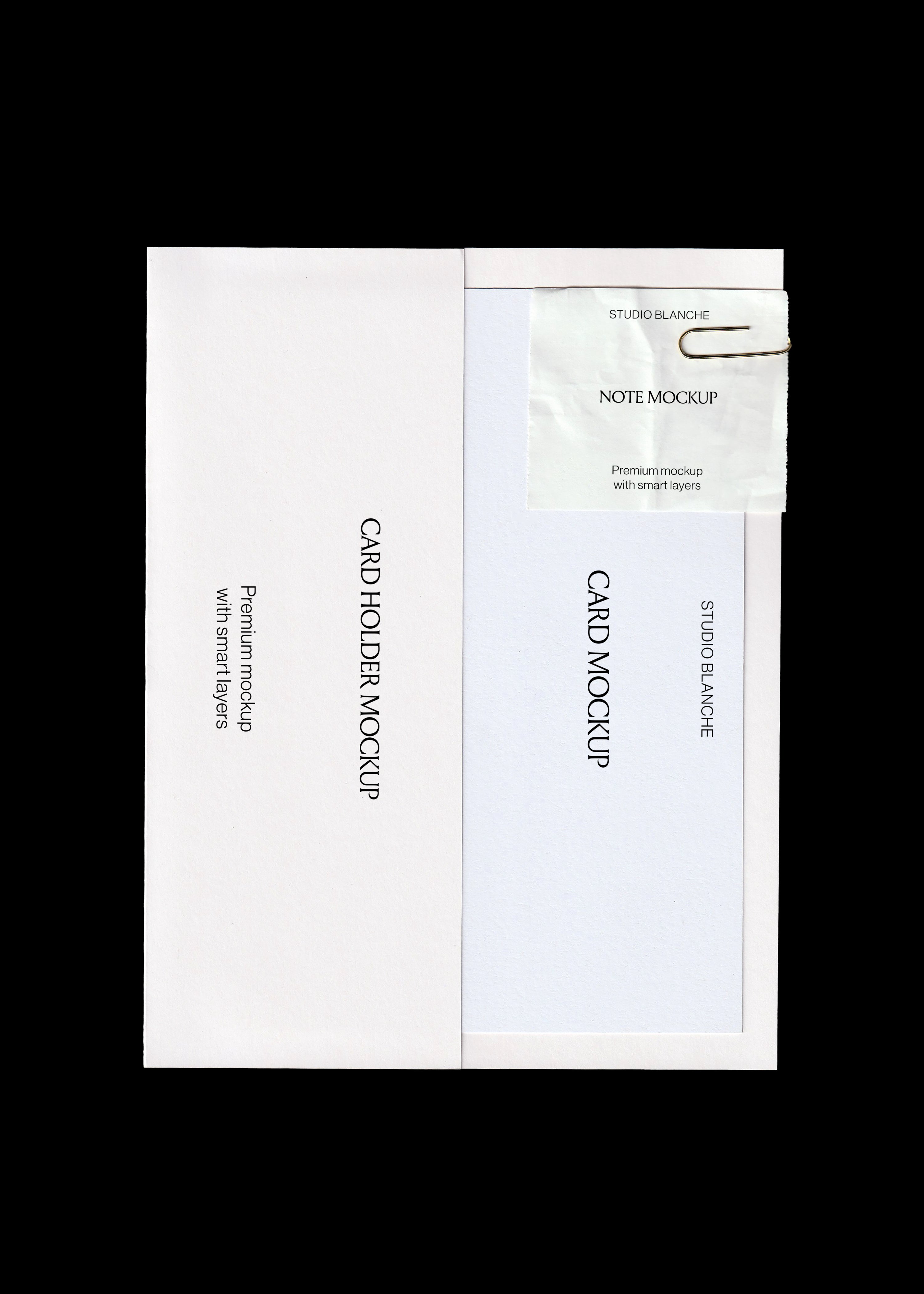 Card holder mockup in white paper with a pale blue card and a creased note held by a gold paperclip on black