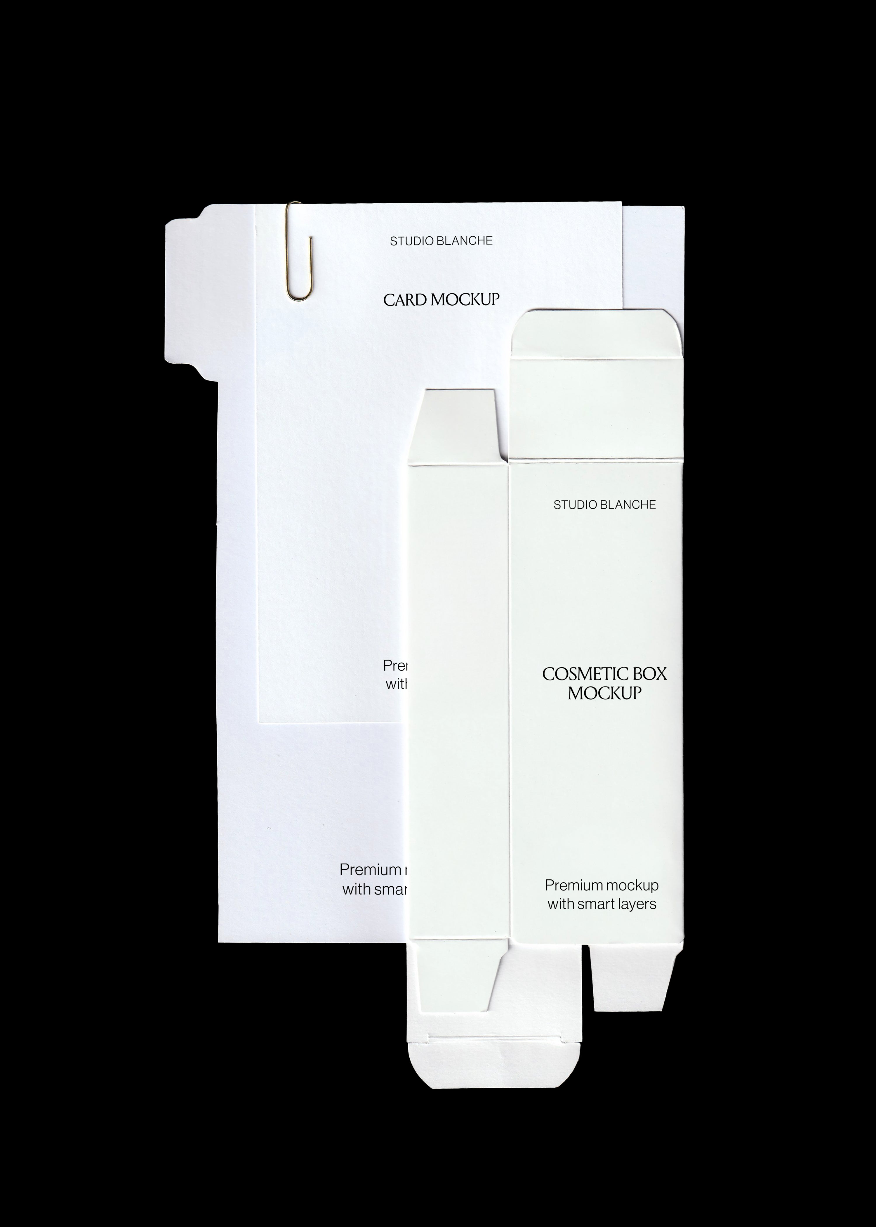 Flattened cosmetic box mockup in white card stock with a tabbed divider and paperclip on a black background