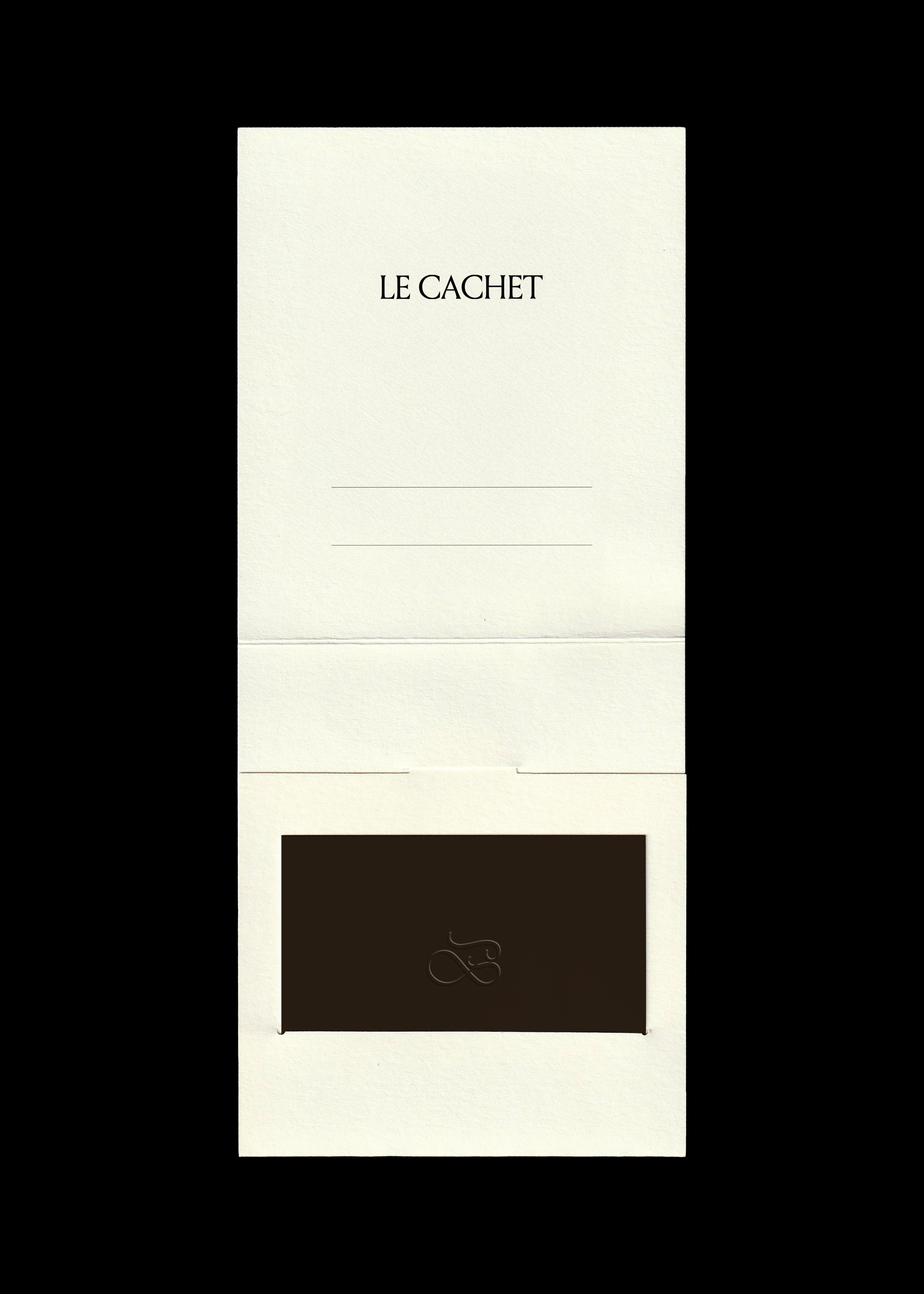 Gift card mockup in dark brown slotted into a cream folded card holder with ruled lines, black background