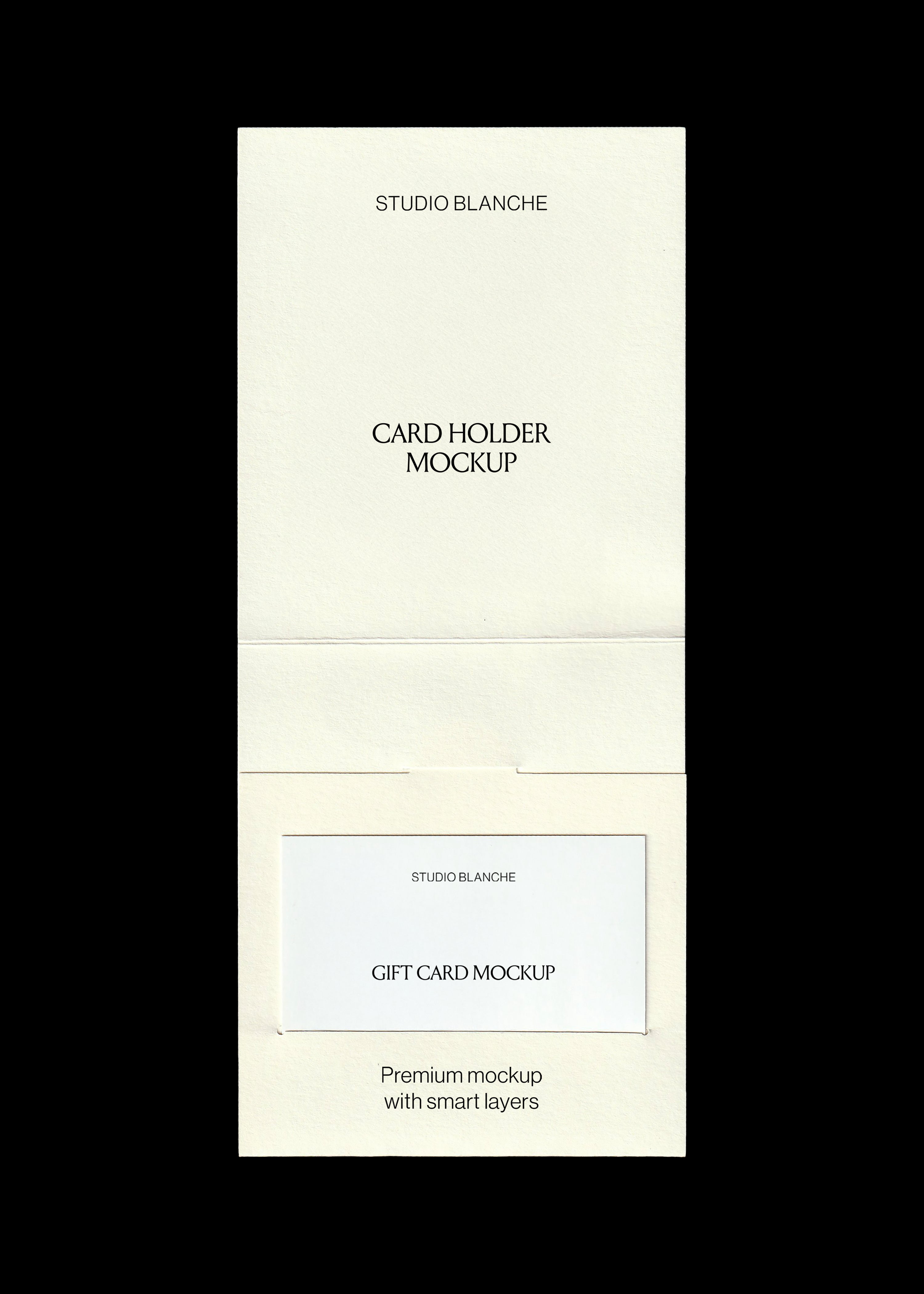Card holder mockup in cream textured paper with a pale grey gift card in the lower slot, black backdrop