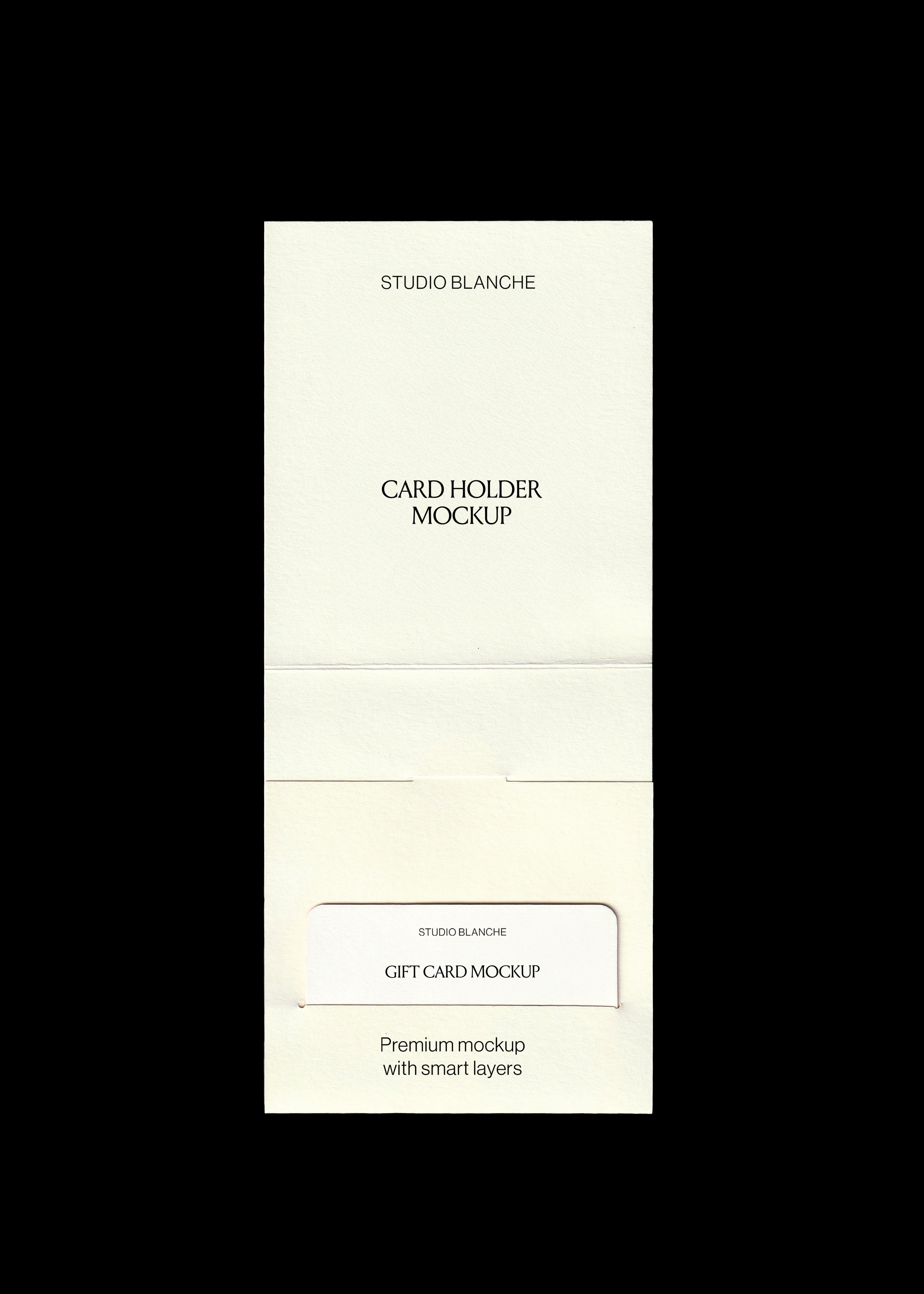 Card holder mockup in cream textured paper with a white gift card in a die-cut slot, black backdrop