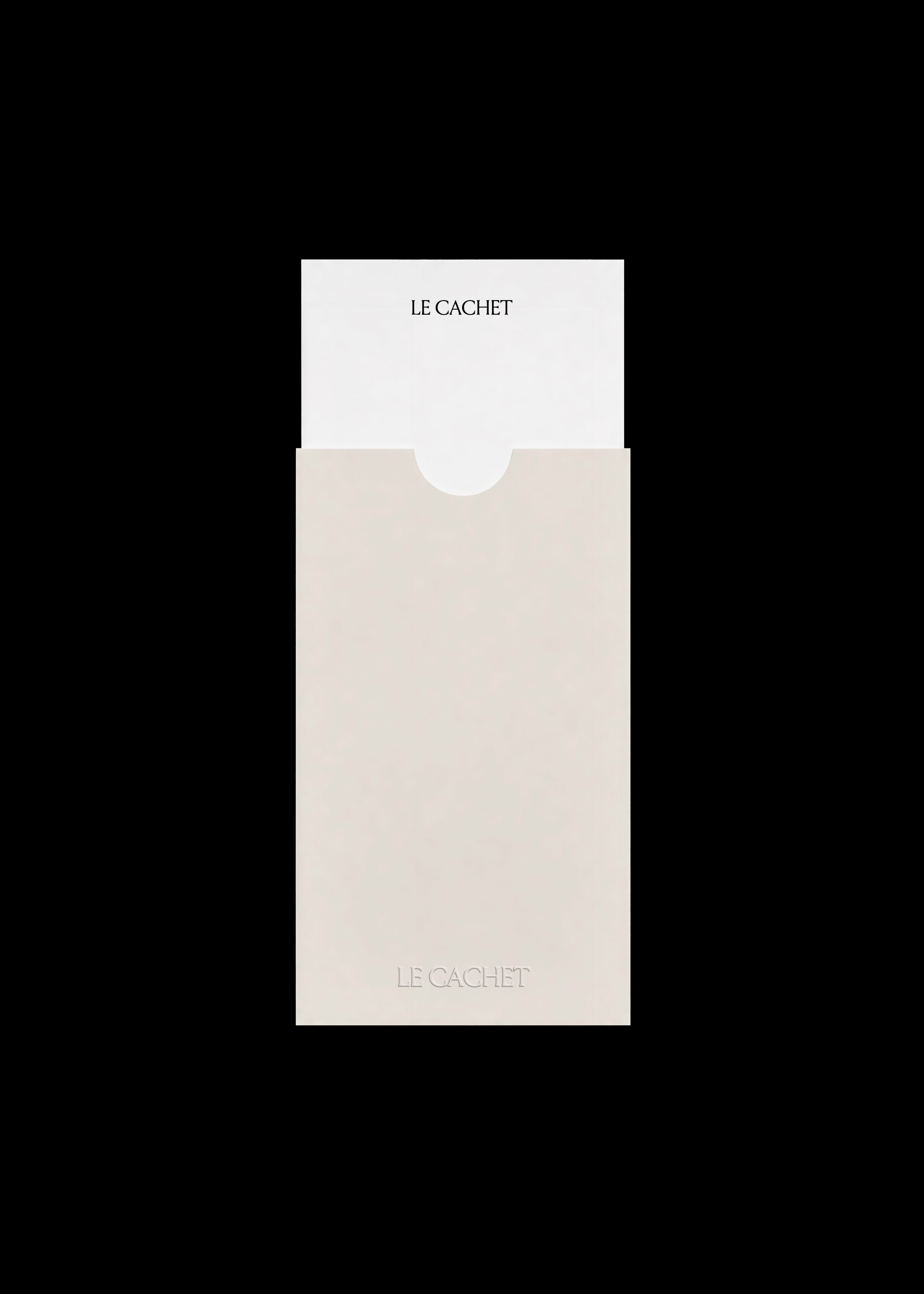 White card peeking from cream pocket sleeve with embossed wordmark at the base, minimal stationery flat lay